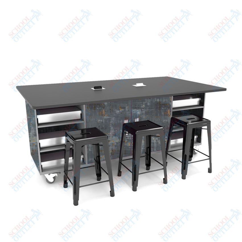 CEF ED Double Table 42"H Tough Top, Laminate Base with 6 Stools, Storage bins, and Electrical Outlets Included. - SchoolOutlet