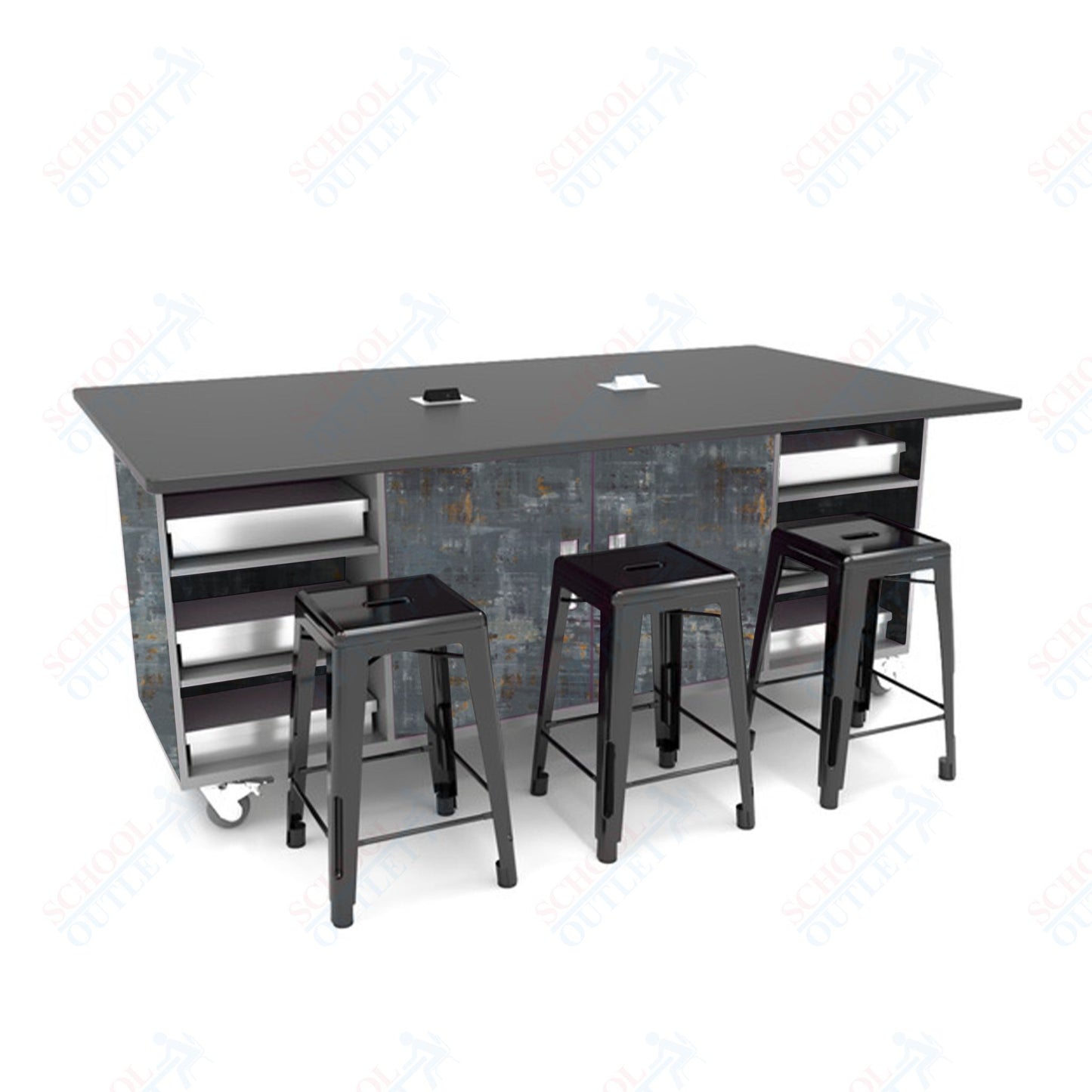 CEF ED Double Table 42"H Tough Top, Laminate Base with  6 Stools, Storage bins, and Electrical Outlets Included.