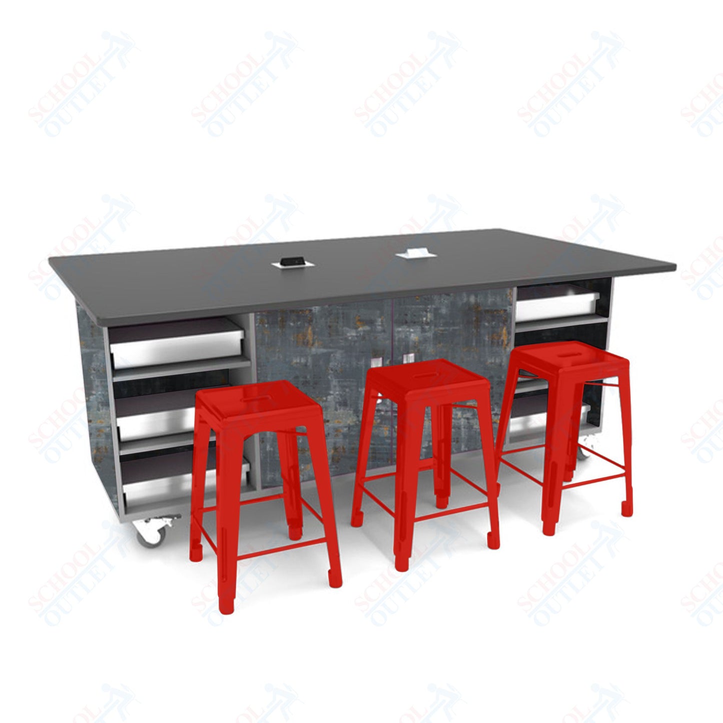 CEF ED Double Table 42"H Tough Top, Laminate Base with  6 Stools, Storage bins, and Electrical Outlets Included.
