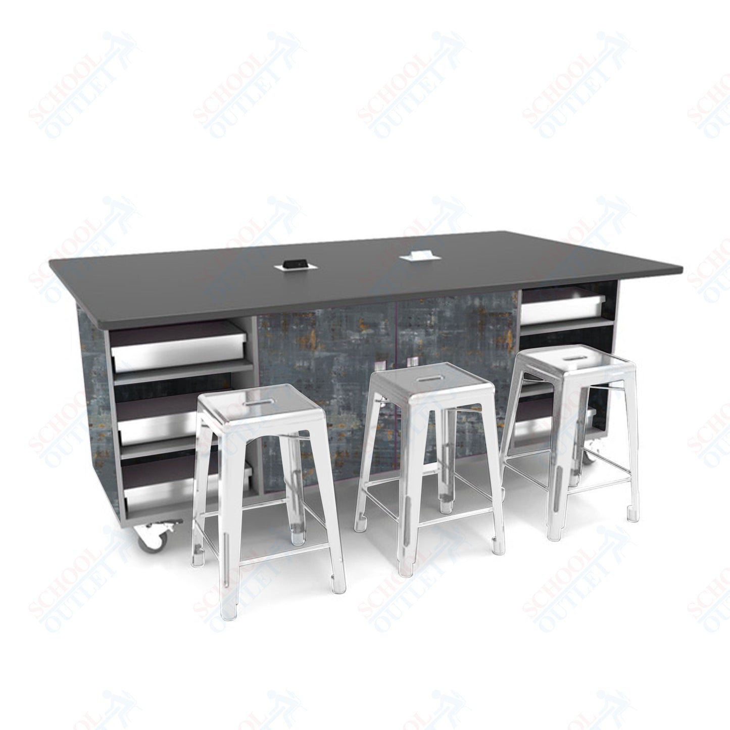 CEF ED Double Table 42"H Tough Top, Laminate Base with  6 Stools, Storage bins, and Electrical Outlets Included.