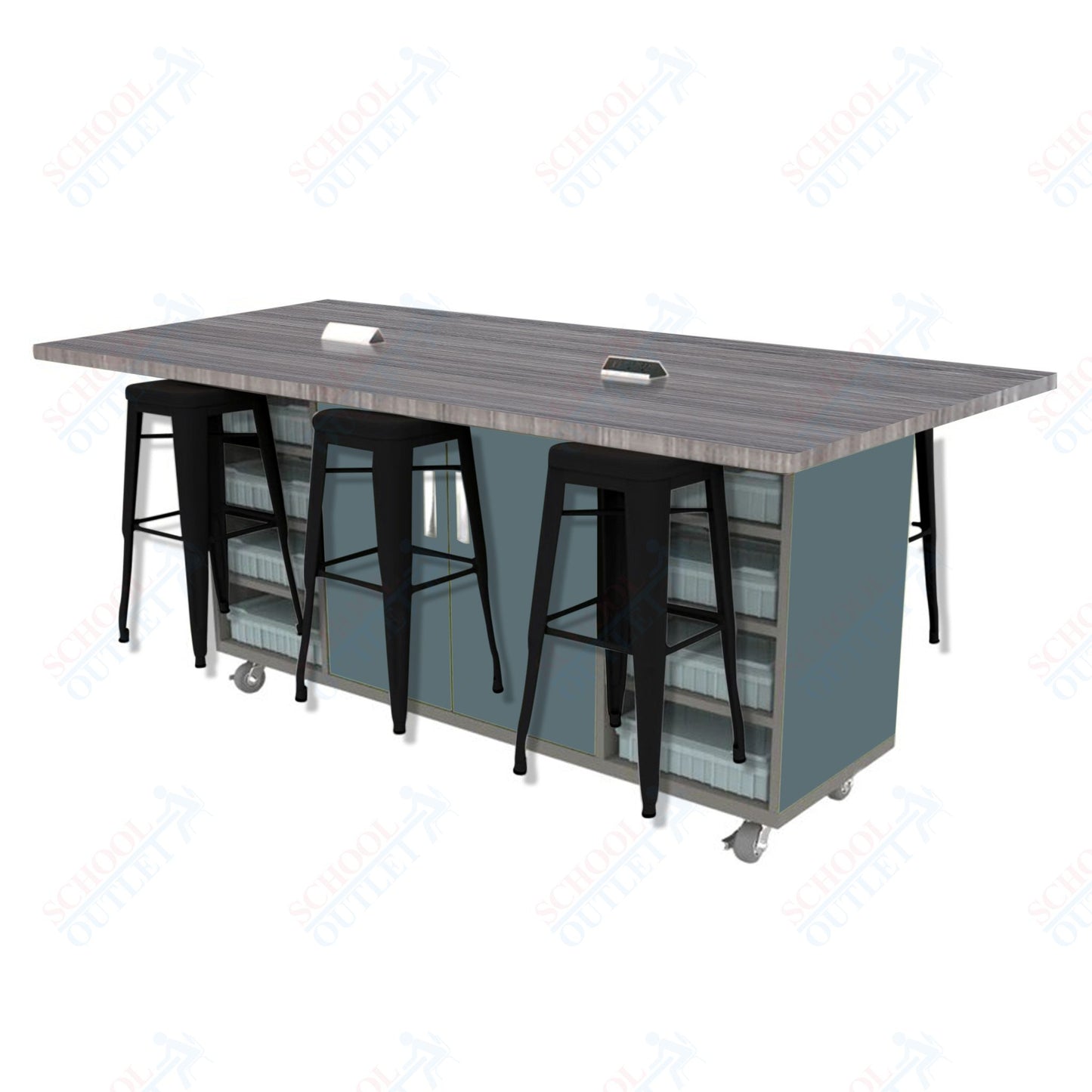 CEF ED Double Table 42"H High Pressure Laminate Top, Laminate Base with 6 Stools, Storage bins, and Electrical Outlets Included.