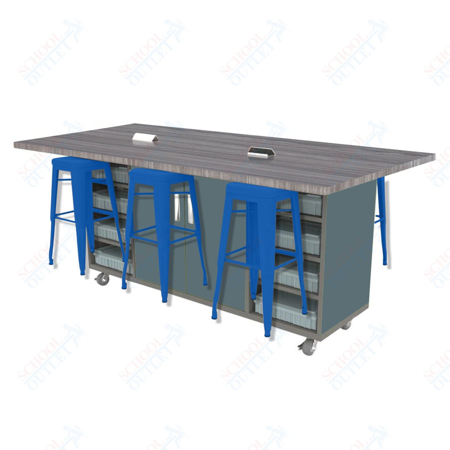 CEF ED Double Table 42"H High Pressure Laminate Top, Laminate Base with 6 Stools, Storage bins, and Electrical Outlets Included.