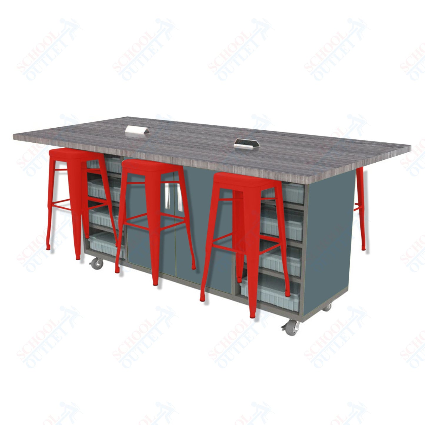 CEF ED Double Table 42"H High Pressure Laminate Top, Laminate Base with 6 Stools, Storage bins, and Electrical Outlets Included.