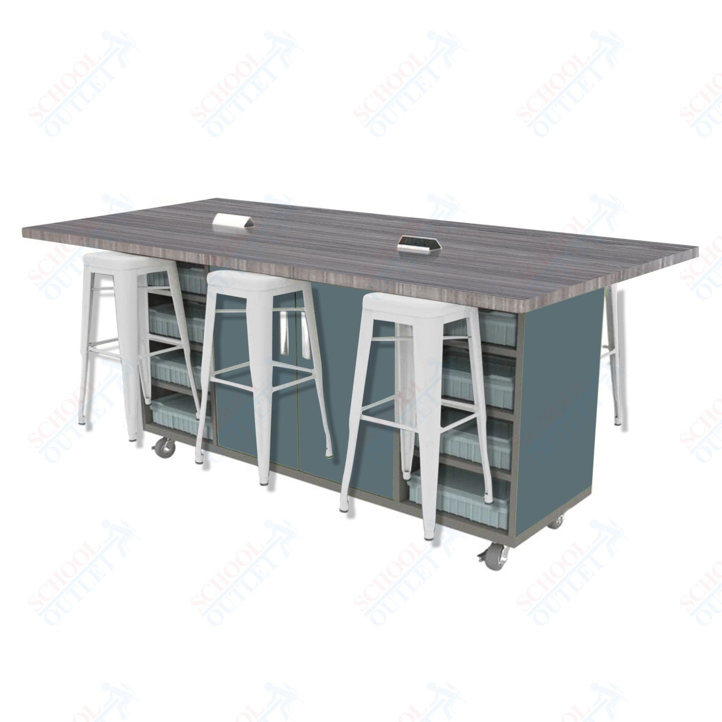 CEF ED Double Table 42"H High Pressure Laminate Top, Laminate Base with 6 Stools, Storage bins, and Electrical Outlets Included.