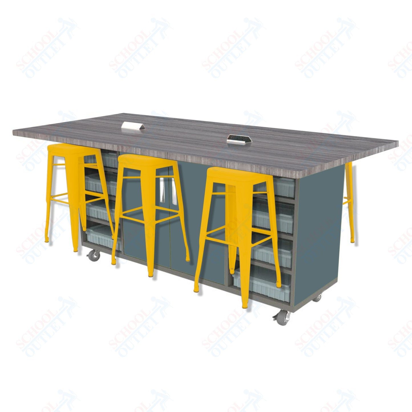 CEF ED Double Table 42"H High Pressure Laminate Top, Laminate Base with 6 Stools, Storage bins, and Electrical Outlets Included.