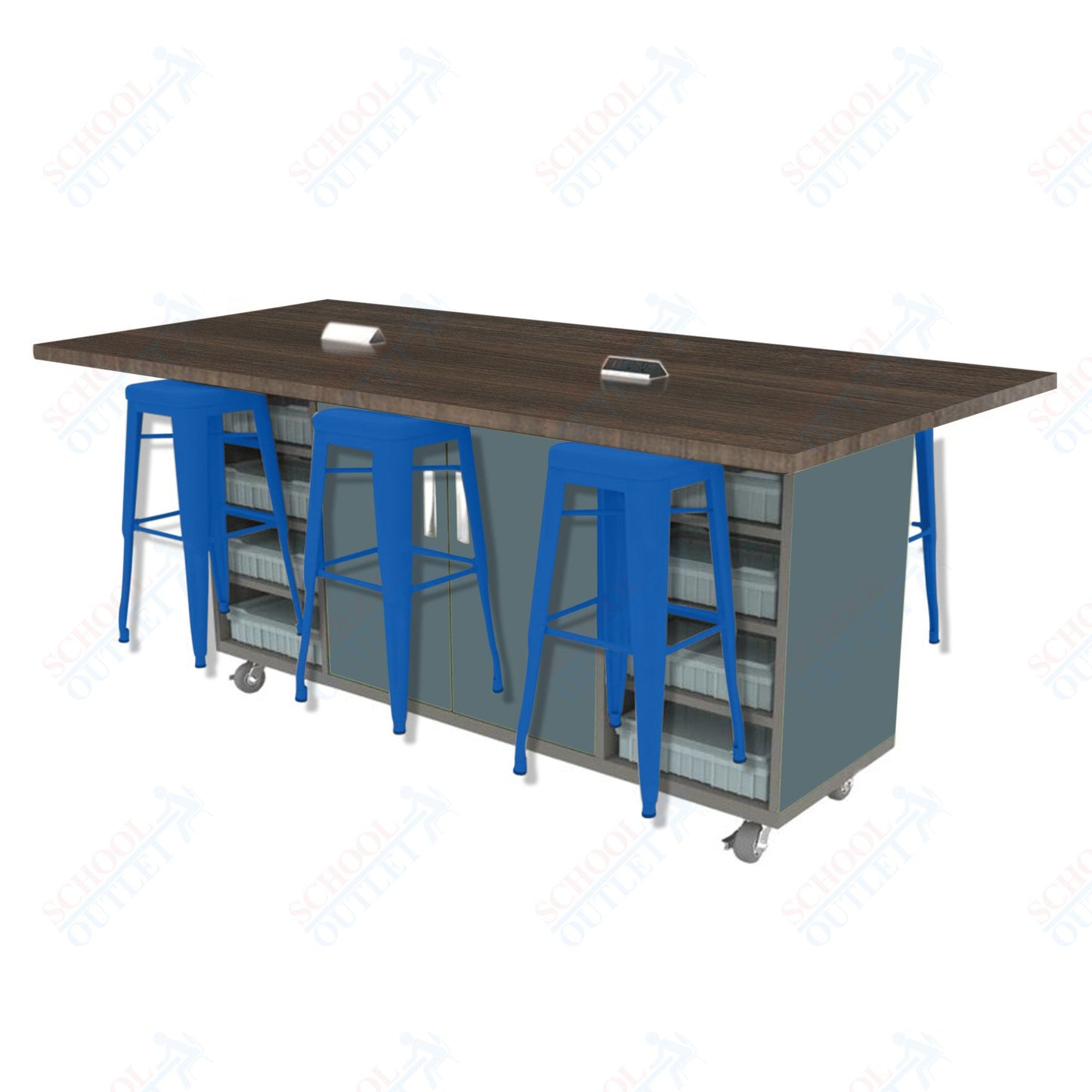 CEF ED Double Table 42"H High Pressure Laminate Top, Laminate Base with 6 Stools, Storage bins, and Electrical Outlets Included.