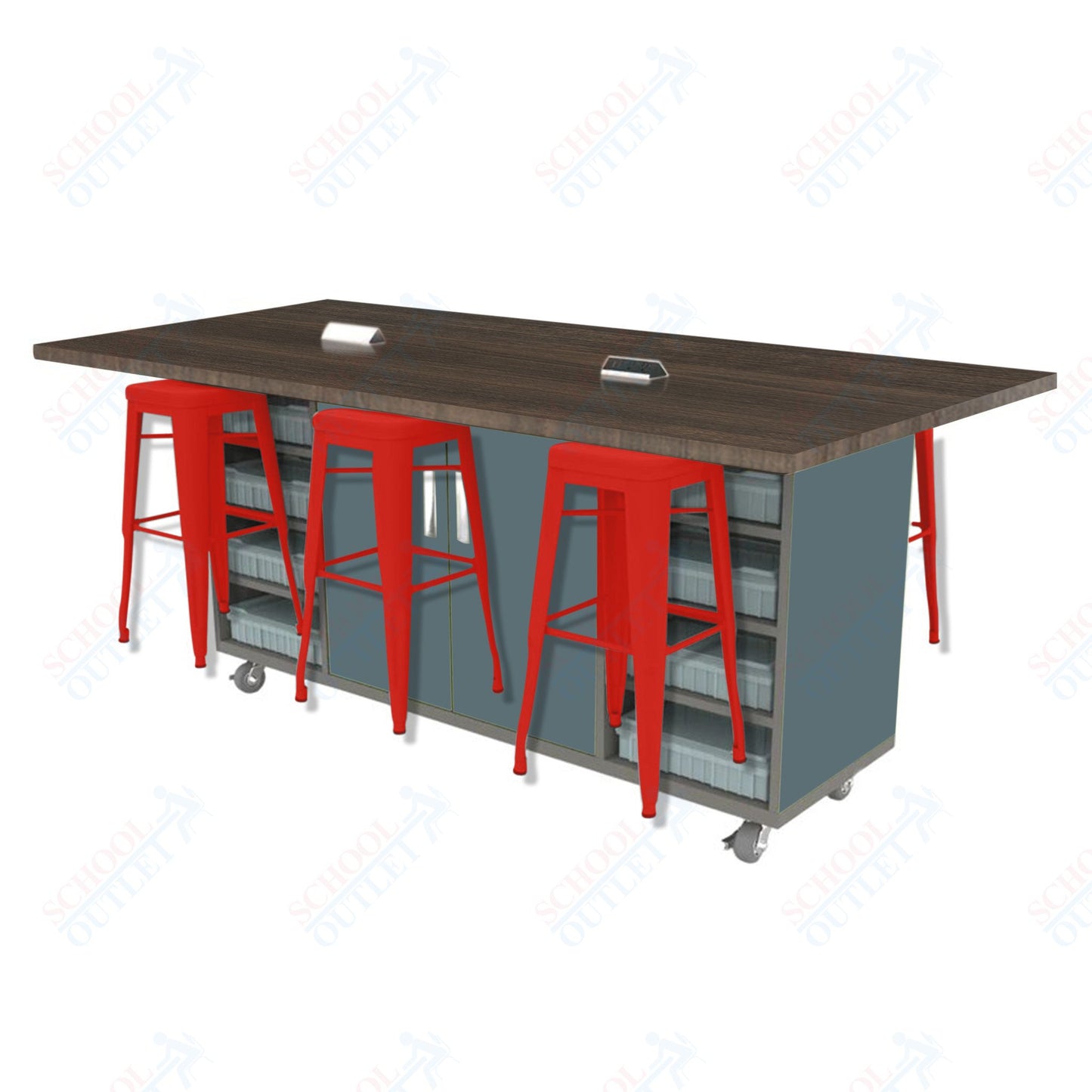 CEF ED Double Table 42"H High Pressure Laminate Top, Laminate Base with 6 Stools, Storage bins, and Electrical Outlets Included.