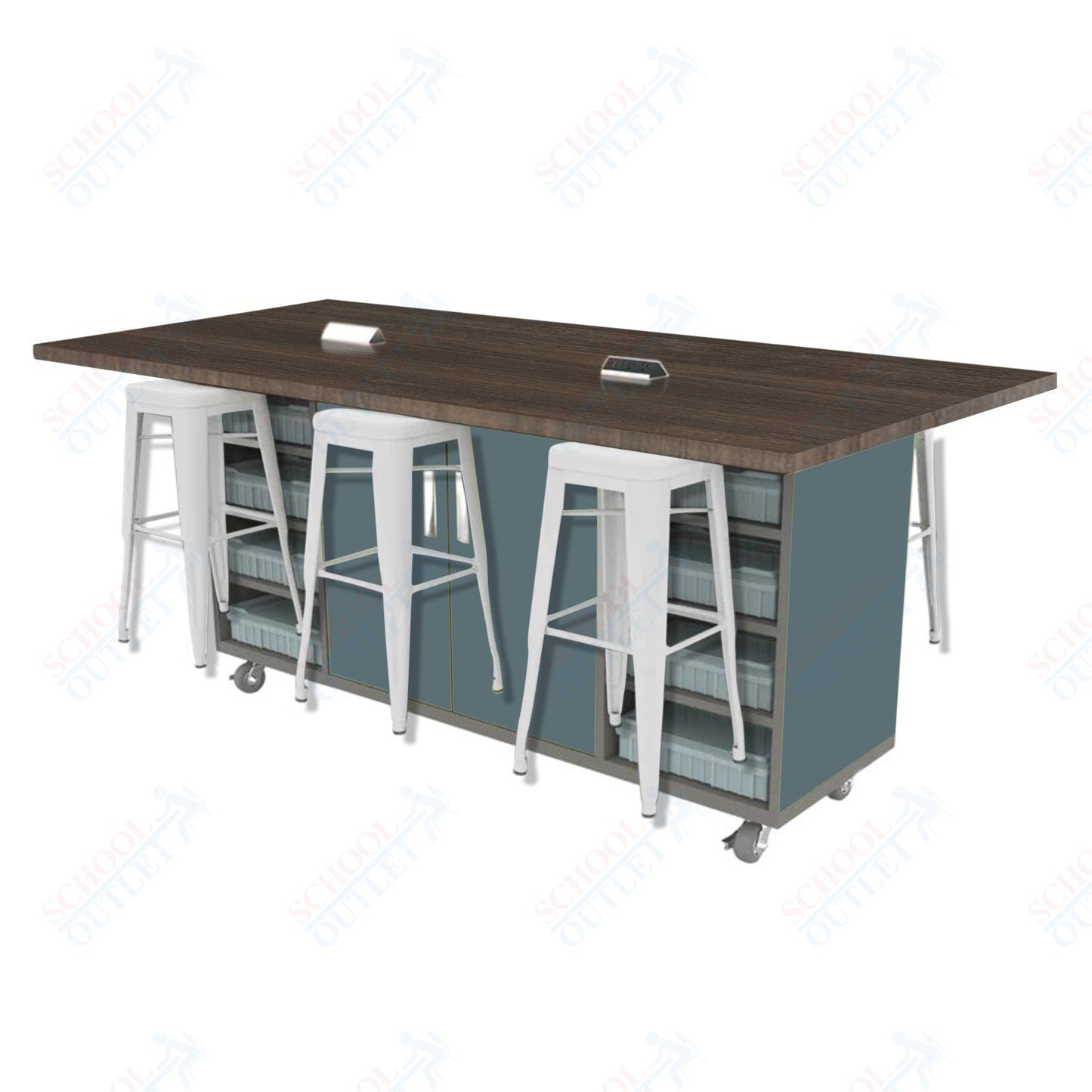 CEF ED Double Table 42"H High Pressure Laminate Top, Laminate Base with 6 Stools, Storage bins, and Electrical Outlets Included.