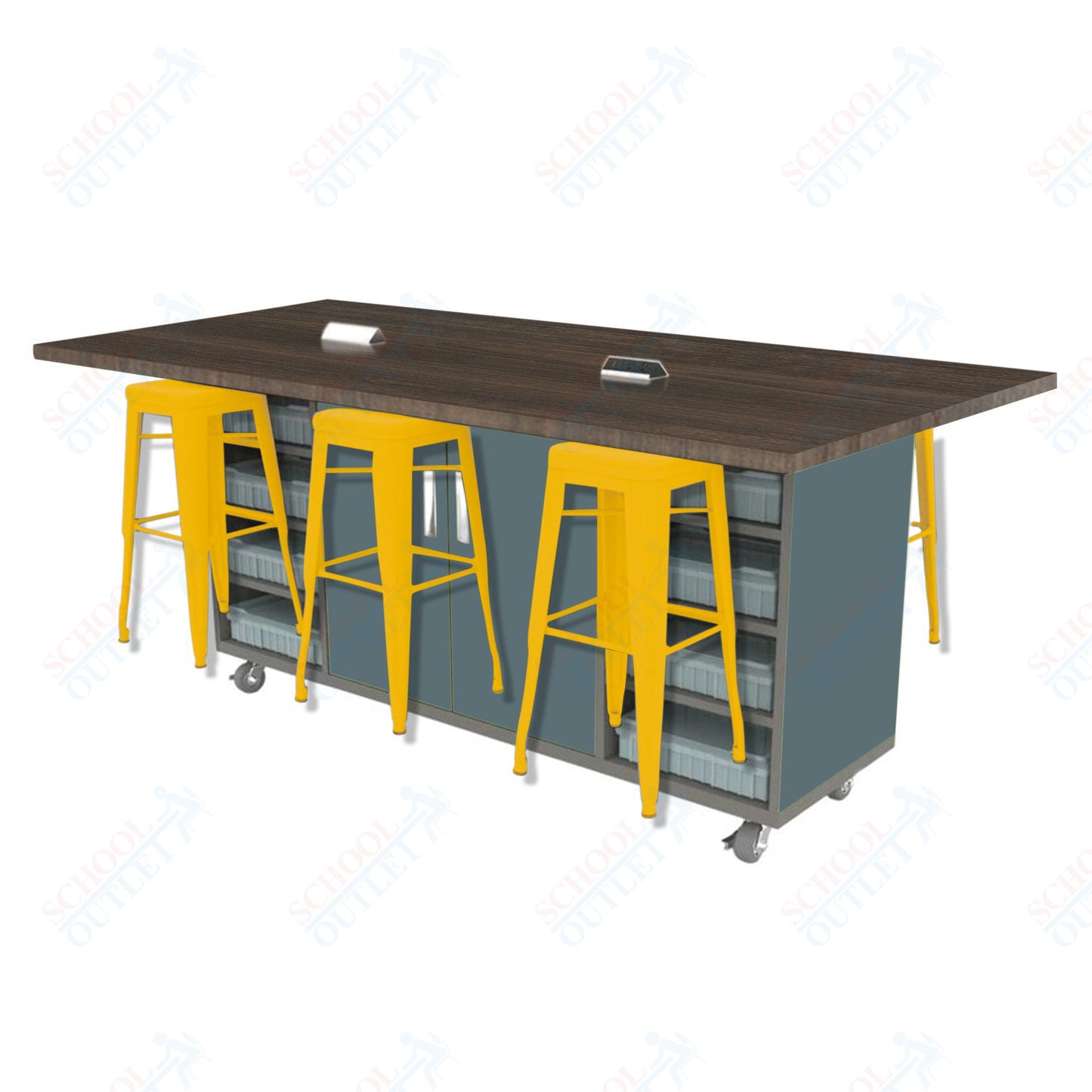 CEF ED Double Table 42"H High Pressure Laminate Top, Laminate Base with 6 Stools, Storage bins, and Electrical Outlets Included.