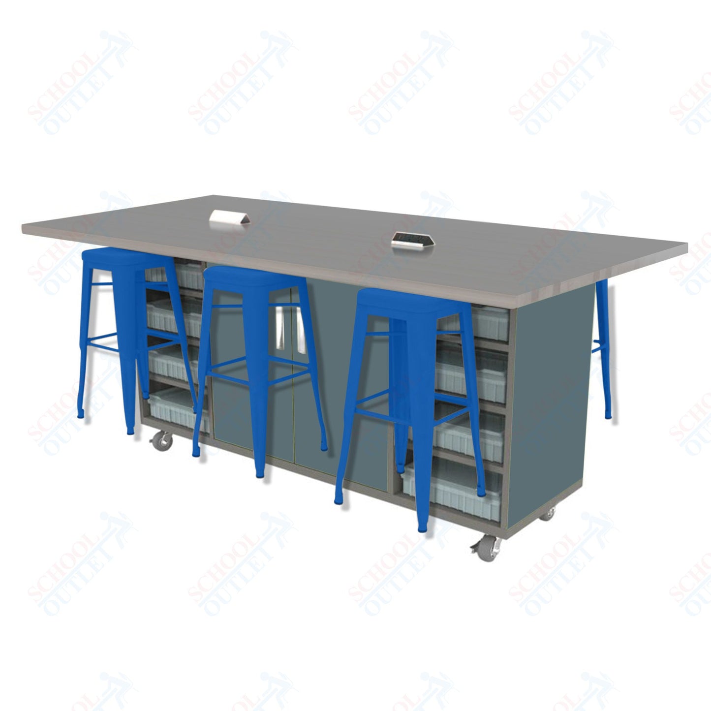 CEF ED Double Table 42"H High Pressure Laminate Top, Laminate Base with 6 Stools, Storage bins, and Electrical Outlets Included.