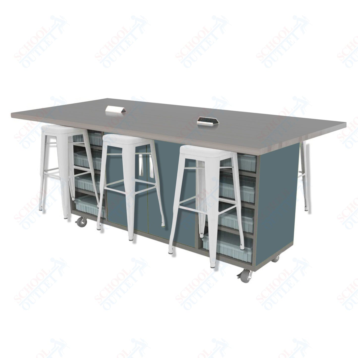 CEF ED Double Table 42"H High Pressure Laminate Top, Laminate Base with 6 Stools, Storage bins, and Electrical Outlets Included.