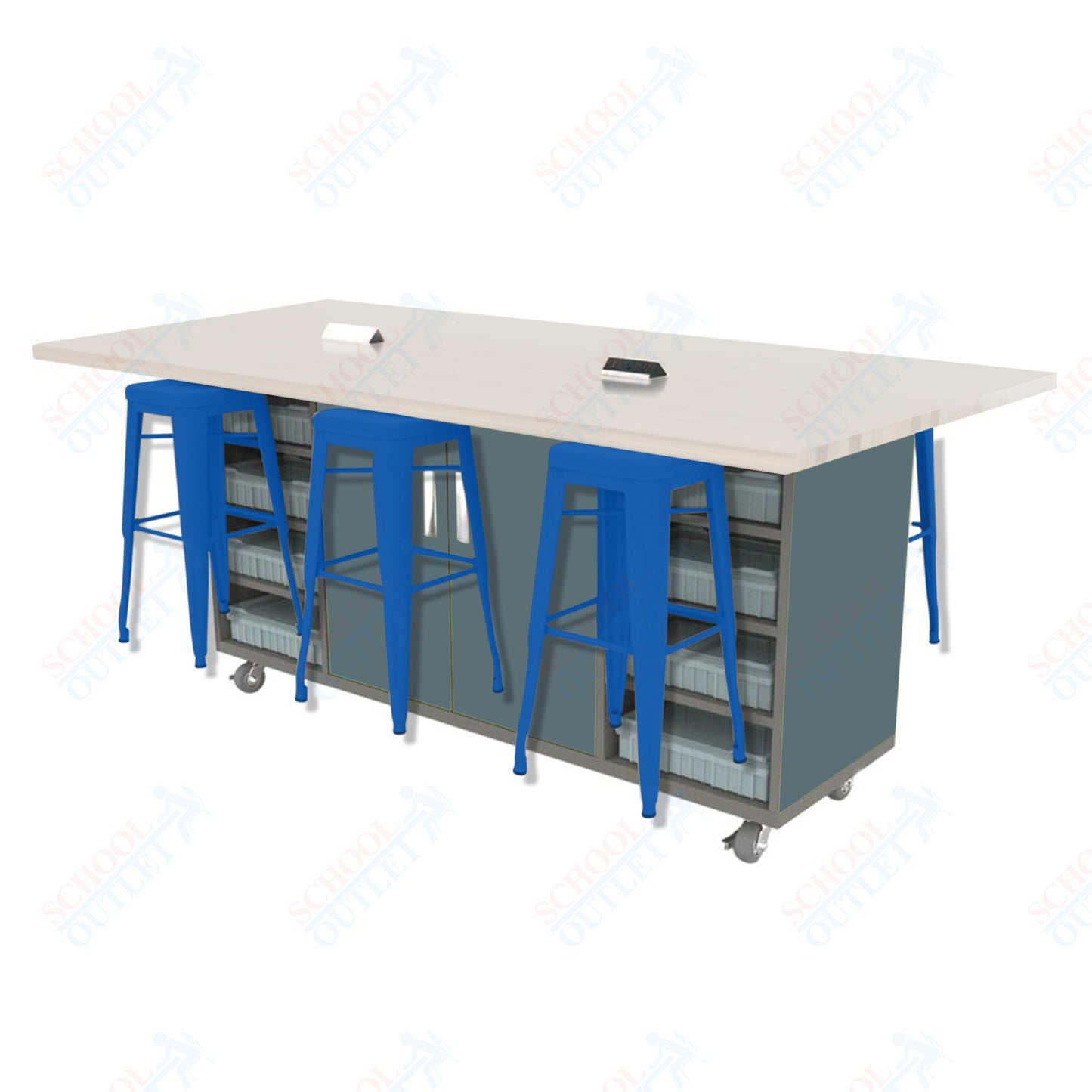 CEF ED Double Table 42"H High Pressure Laminate Top, Laminate Base with 6 Stools, Storage bins, and Electrical Outlets Included.