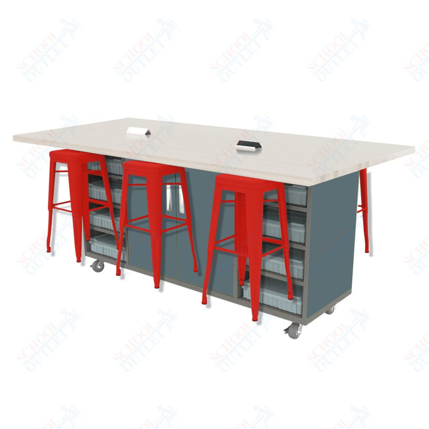 CEF ED Double Table 42"H High Pressure Laminate Top, Laminate Base with 6 Stools, Storage bins, and Electrical Outlets Included.