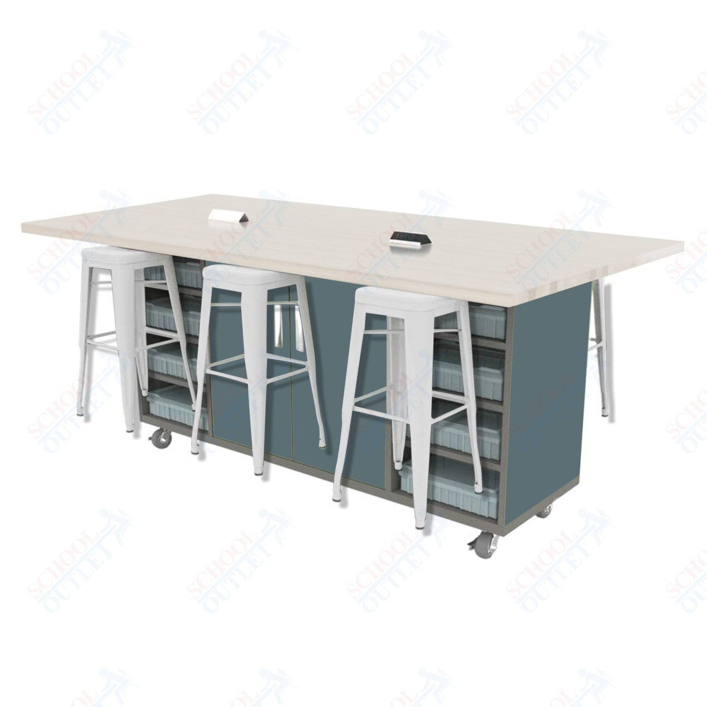CEF ED Double Table 42"H High Pressure Laminate Top, Laminate Base with 6 Stools, Storage bins, and Electrical Outlets Included.