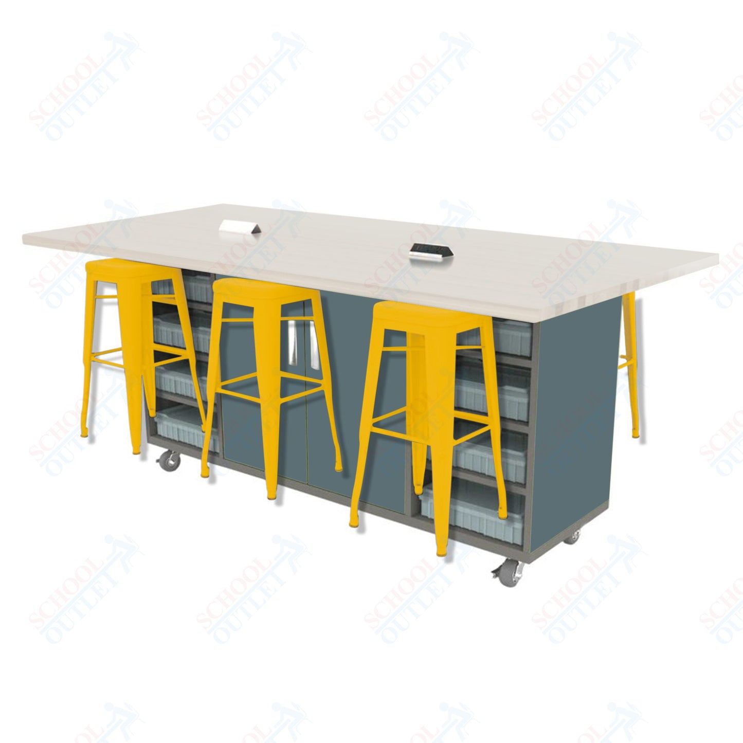 CEF ED Double Table 42"H High Pressure Laminate Top, Laminate Base with 6 Stools, Storage bins, and Electrical Outlets Included.