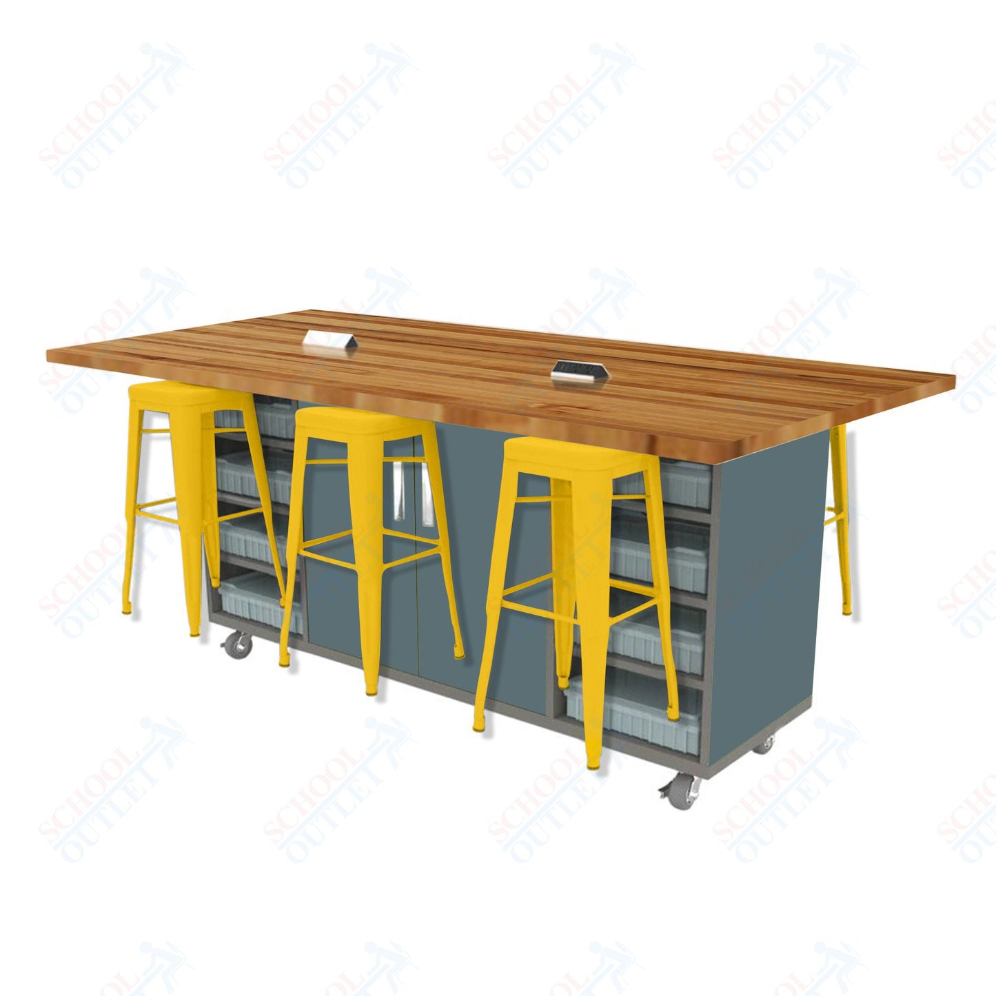 CEF ED Double Table 42"H Butcher Block Top, Laminate Base with 6 Stools, Storage bins, and Electrical Outlets Included.