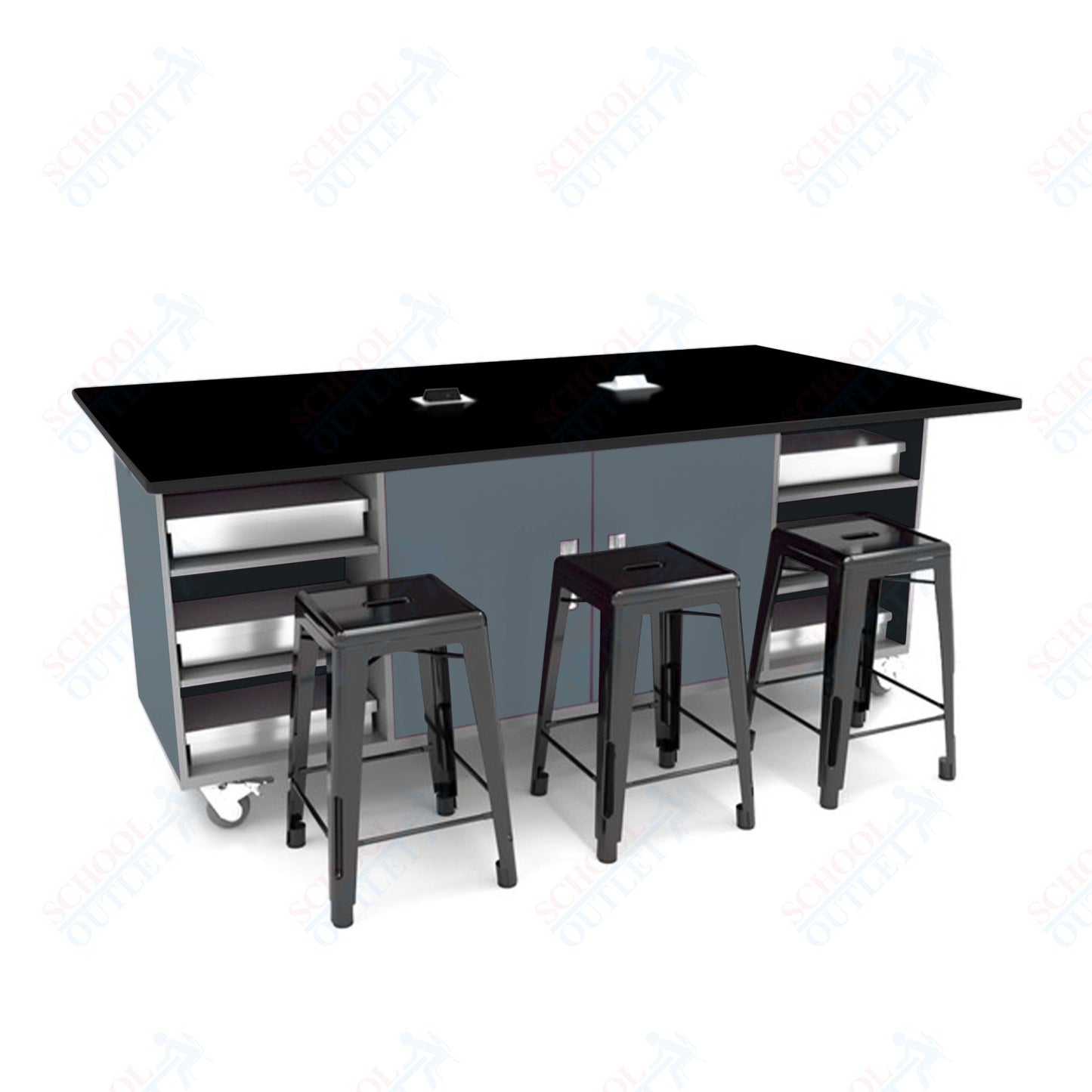 CEF ED Double Table 42"H Tough Top, Laminate Base with  6 Stools, Storage bins, and Electrical Outlets Included.