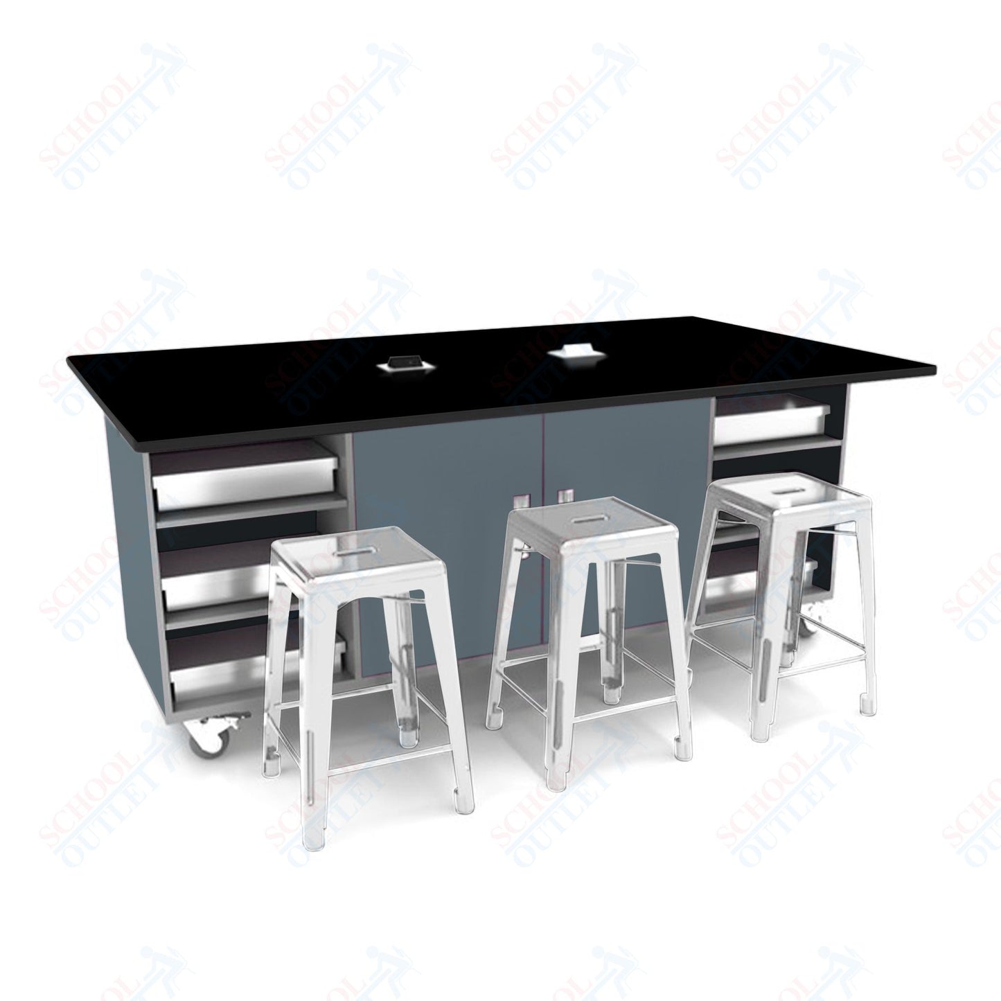 CEF ED Double Table 42"H Tough Top, Laminate Base with  6 Stools, Storage bins, and Electrical Outlets Included.
