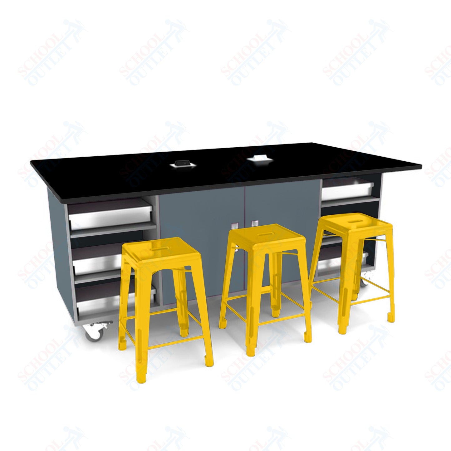 CEF ED Double Table 42"H Tough Top, Laminate Base with  6 Stools, Storage bins, and Electrical Outlets Included.