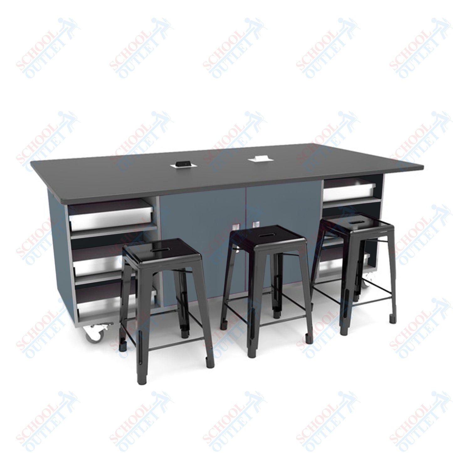 CEF ED Double Table 42"H Tough Top, Laminate Base with 6 Stools, Storage bins, and Electrical Outlets Included. - SchoolOutlet