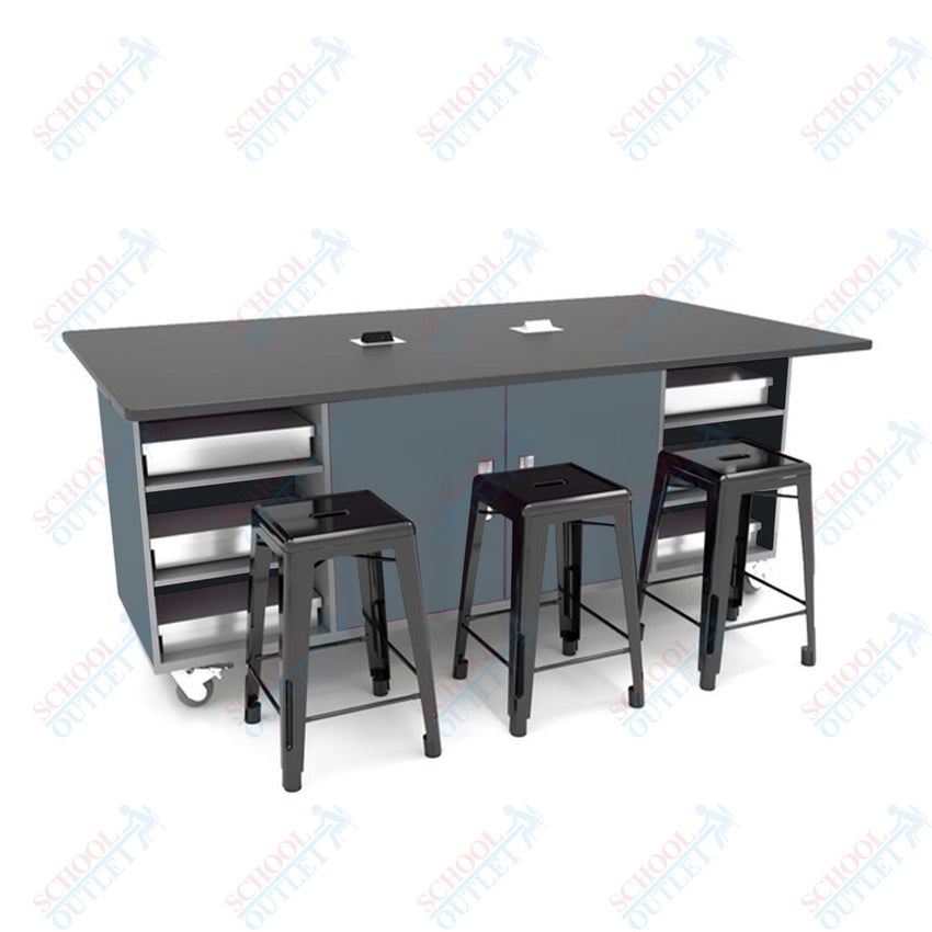 CEF ED Double Table 42"H Tough Top, Laminate Base with 6 Stools, Storage bins, and Electrical Outlets Included. - SchoolOutlet