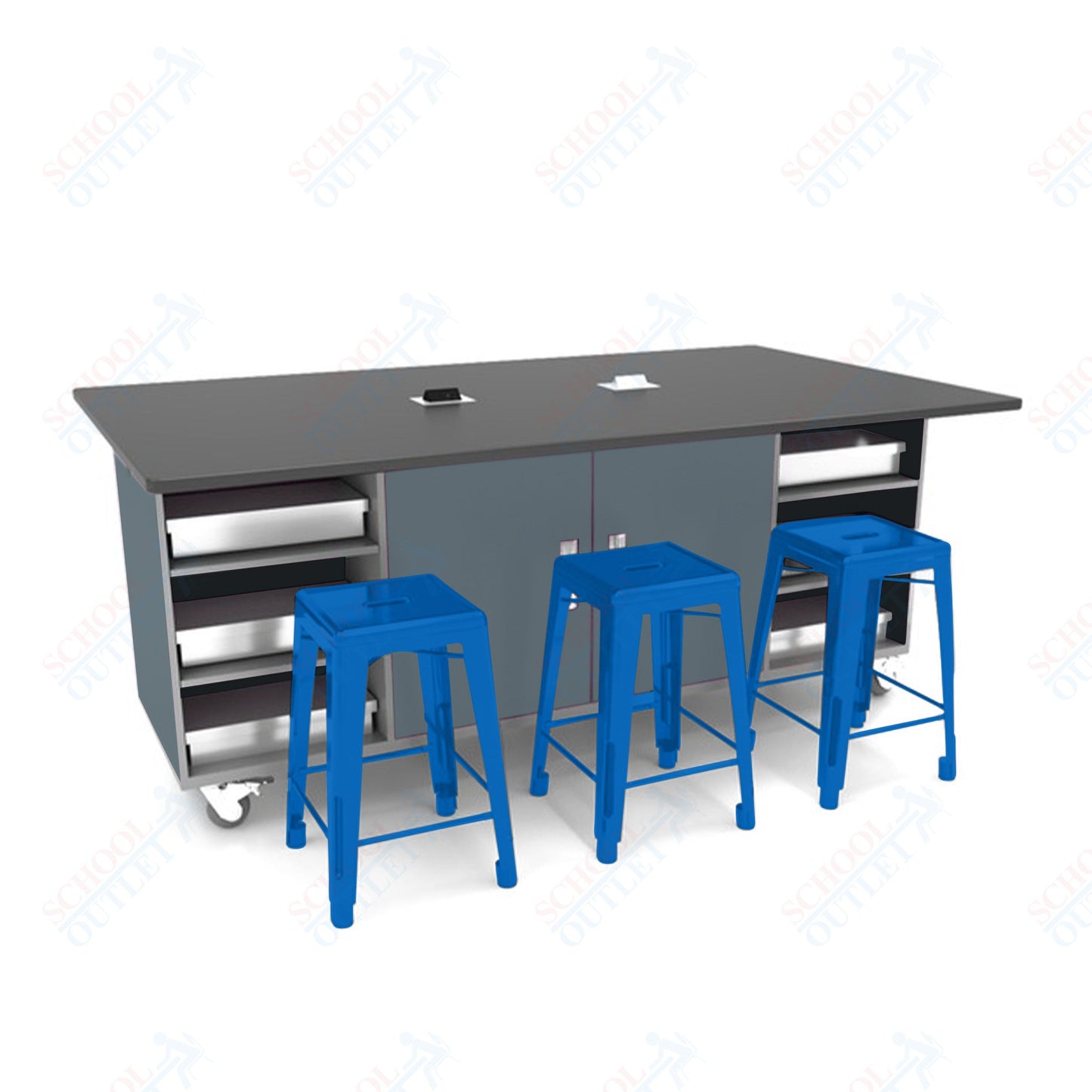 CEF ED Double Table 42"H Tough Top, Laminate Base with  6 Stools, Storage bins, and Electrical Outlets Included.