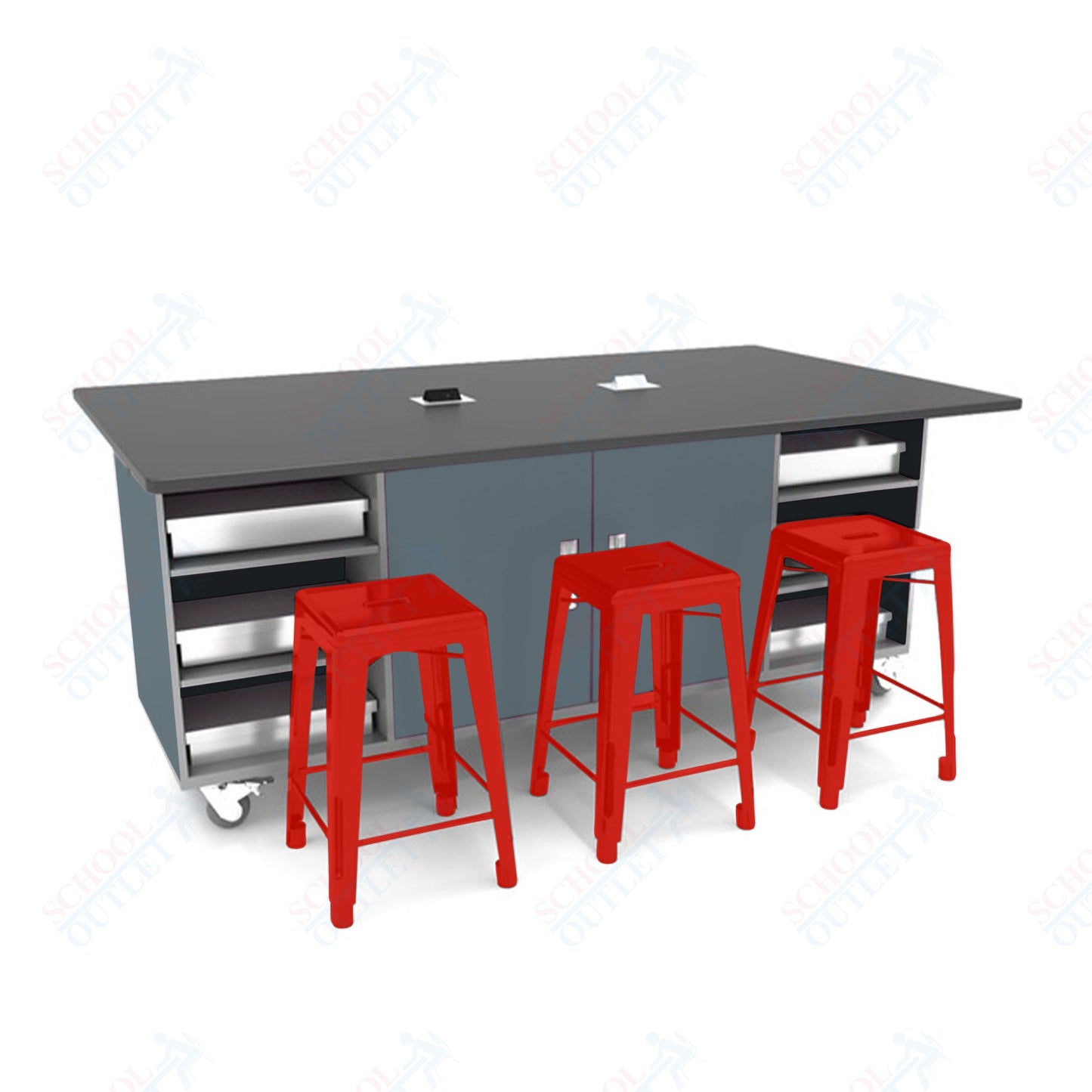 CEF ED Double Table 42"H Tough Top, Laminate Base with  6 Stools, Storage bins, and Electrical Outlets Included.