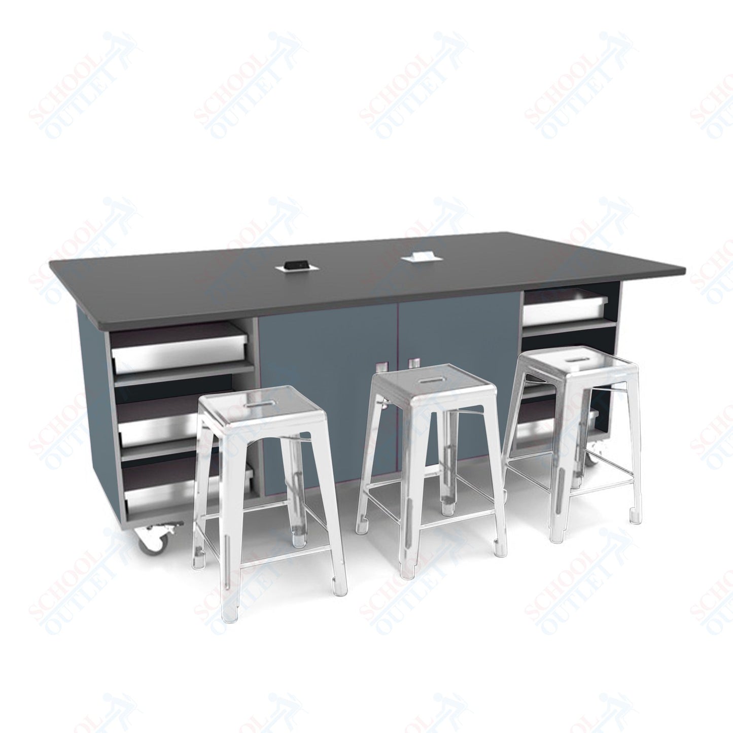 CEF ED Double Table 42"H Tough Top, Laminate Base with  6 Stools, Storage bins, and Electrical Outlets Included.