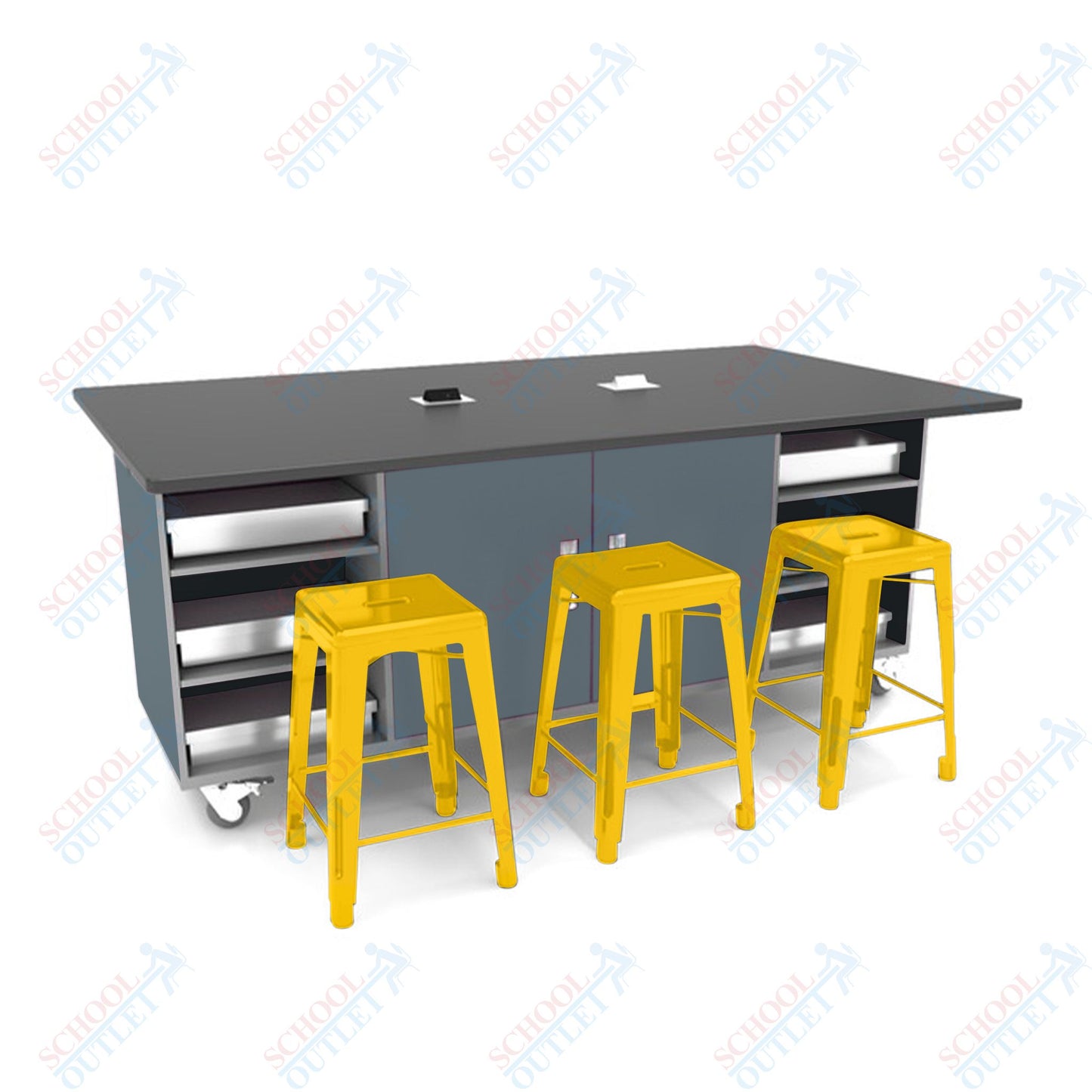 CEF ED Double Table 42"H Tough Top, Laminate Base with 6 Stools, Storage bins, and Electrical Outlets Included. - SchoolOutlet