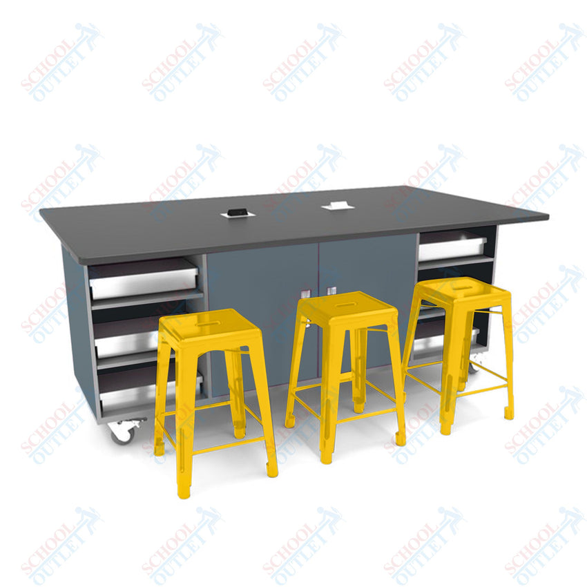 CEF ED Double Table 42"H Tough Top, Laminate Base with 6 Stools, Storage bins, and Electrical Outlets Included. - SchoolOutlet