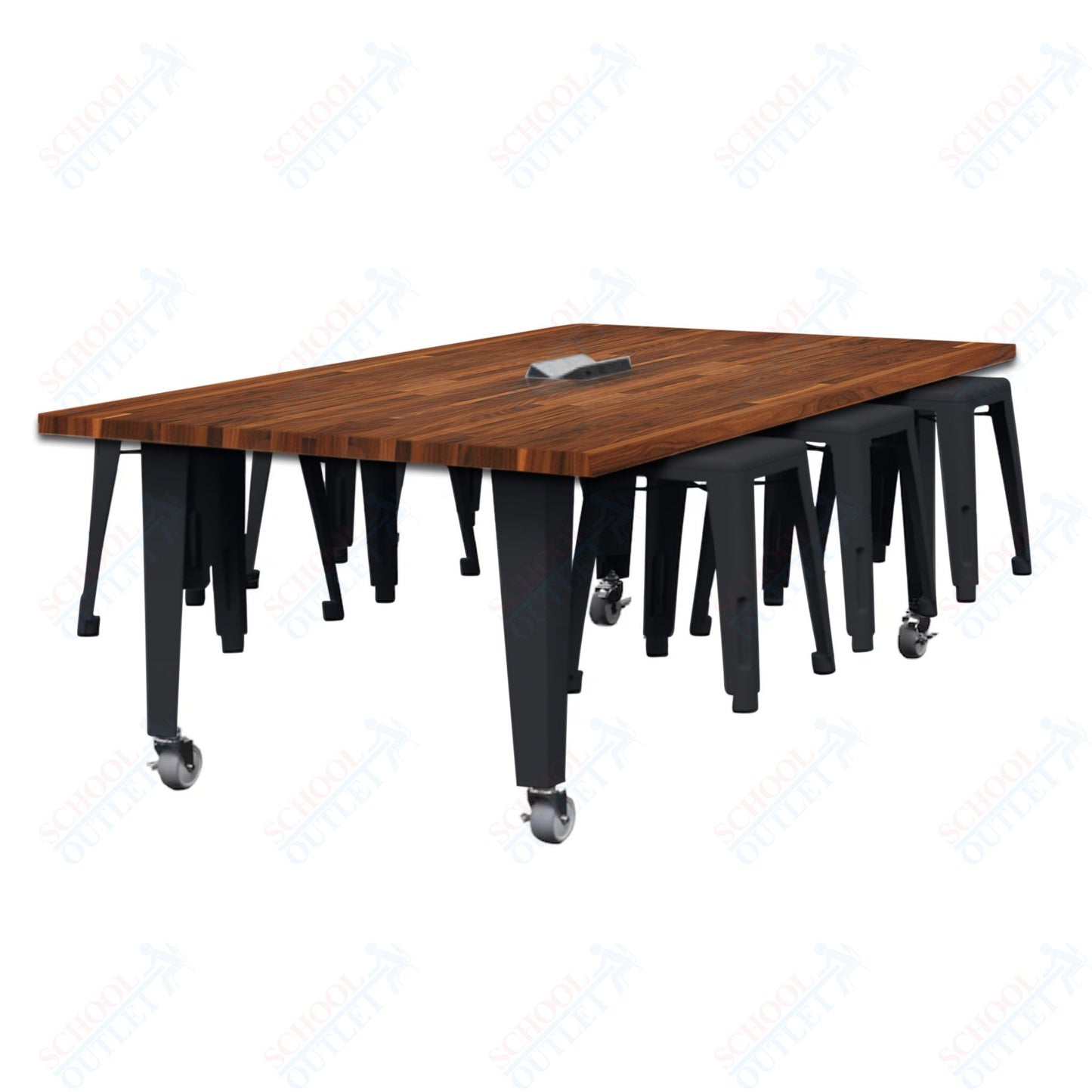 CEF IDEA Island Table 30" Height w/ 6-Seat - Butcher Block Top 84"W x 48"D with Steel Frame, 6 Stools and a Pop-up Dual Dock Electrical Station