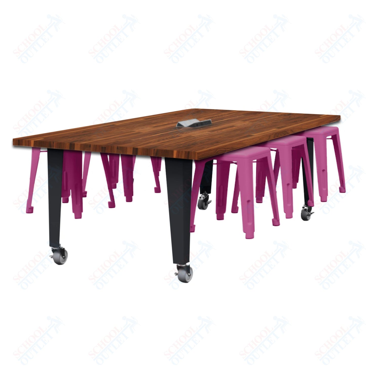 CEF IDEA Island Table 30" Height w/ 6-Seat - Butcher Block Top 84"W x 48"D with Steel Frame, 6 Stools and a Pop-up Dual Dock Electrical Station