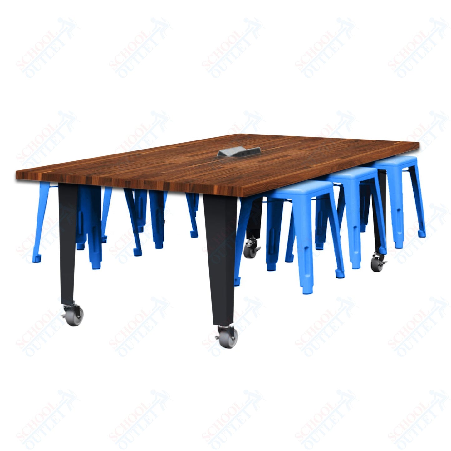 CEF IDEA Island Table 30" Height w/ 6-Seat - Butcher Block Top 84"W x 48"D with Steel Frame, 6 Stools and a Pop-up Dual Dock Electrical Station