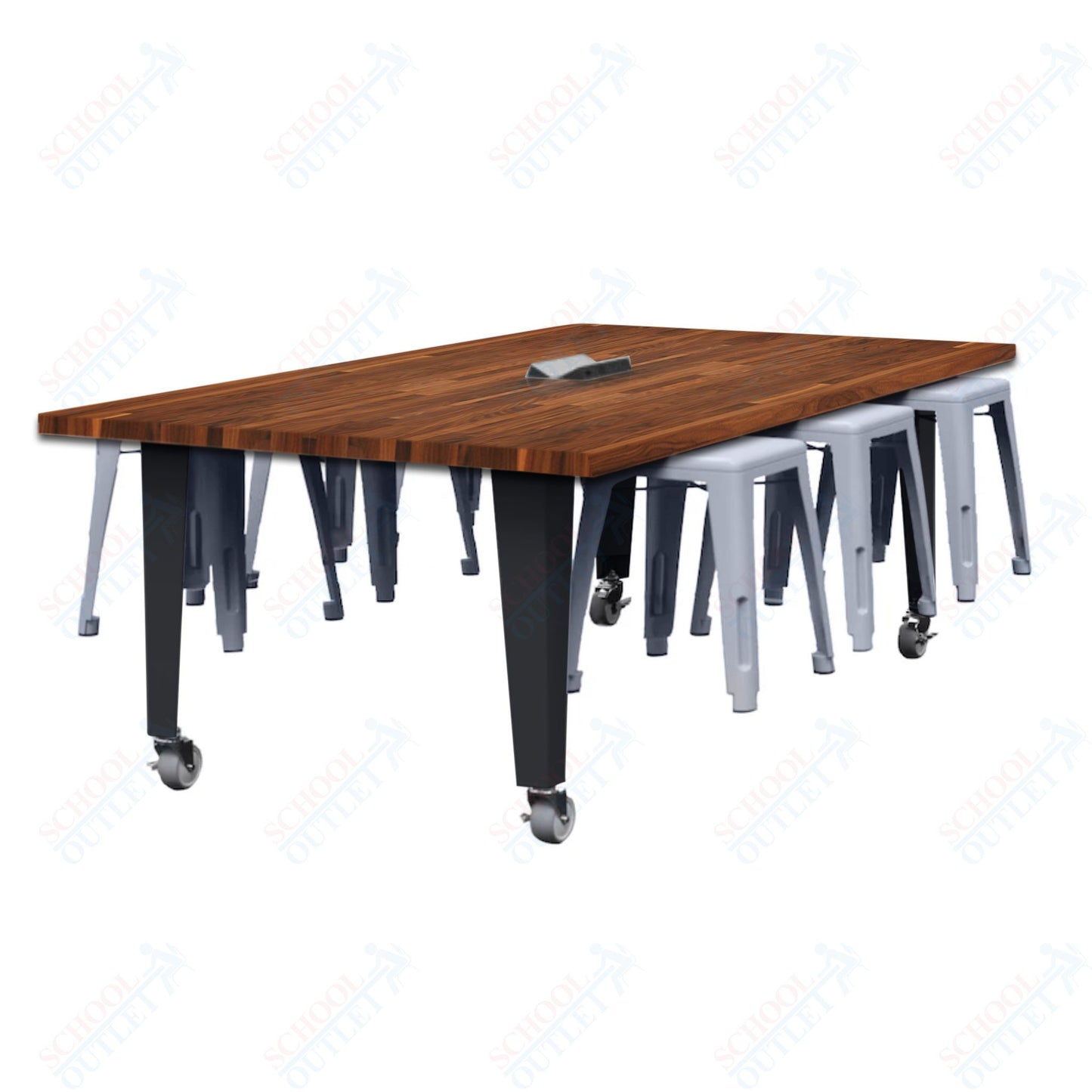 CEF IDEA Island Table 30" Height w/ 6-Seat - Butcher Block Top 84"W x 48"D with Steel Frame, 6 Stools and a Pop-up Dual Dock Electrical Station