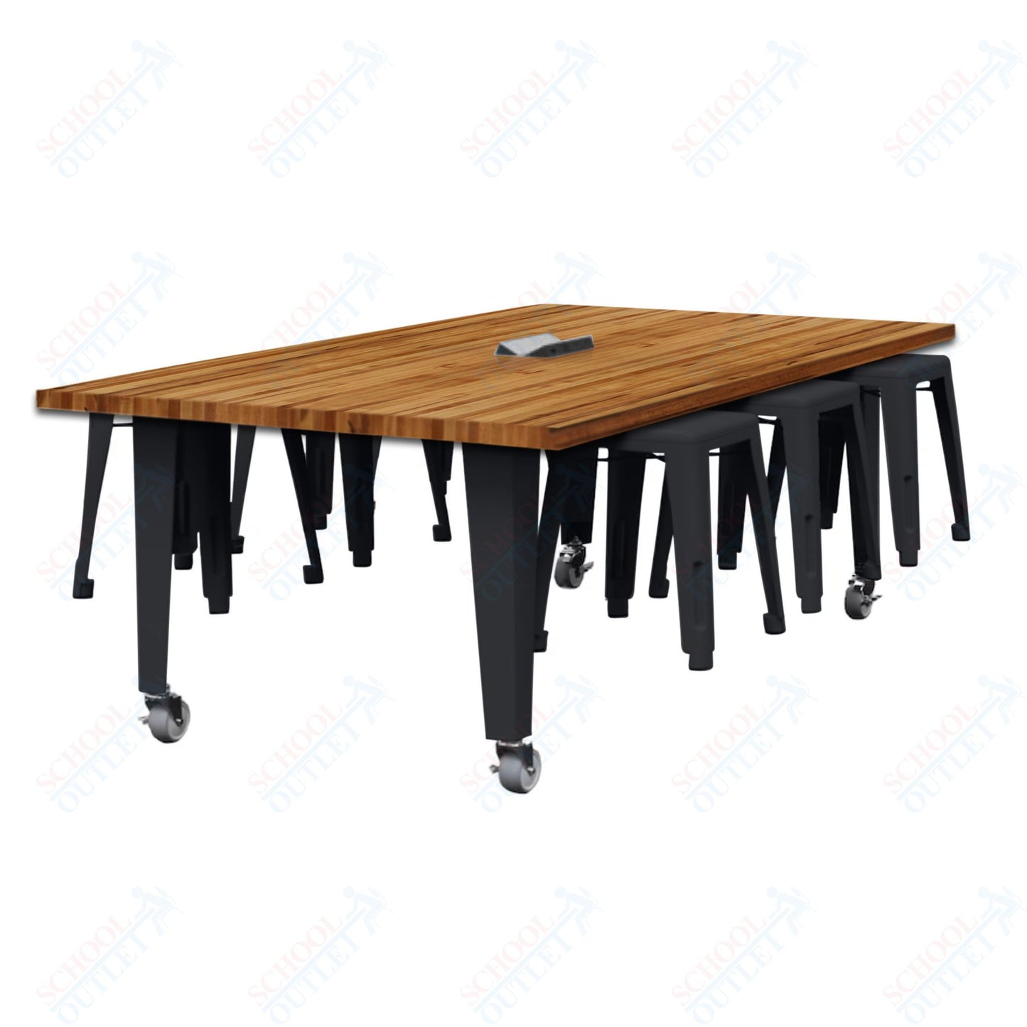 CEF IDEA Island Table 30" Height w/ 6-Seat - Butcher Block Top 84"W x 48"D with Steel Frame, 6 Stools and a Pop-up Dual Dock Electrical Station