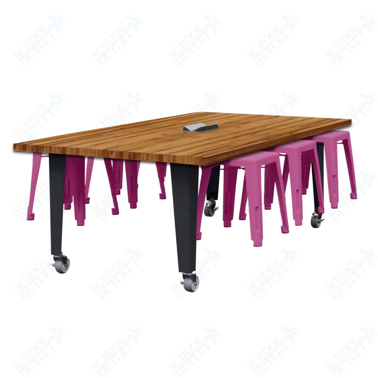 CEF IDEA Island Table 30" Height w/ 6-Seat - Butcher Block Top 84"W x 48"D with Steel Frame, 6 Stools and a Pop-up Dual Dock Electrical Station