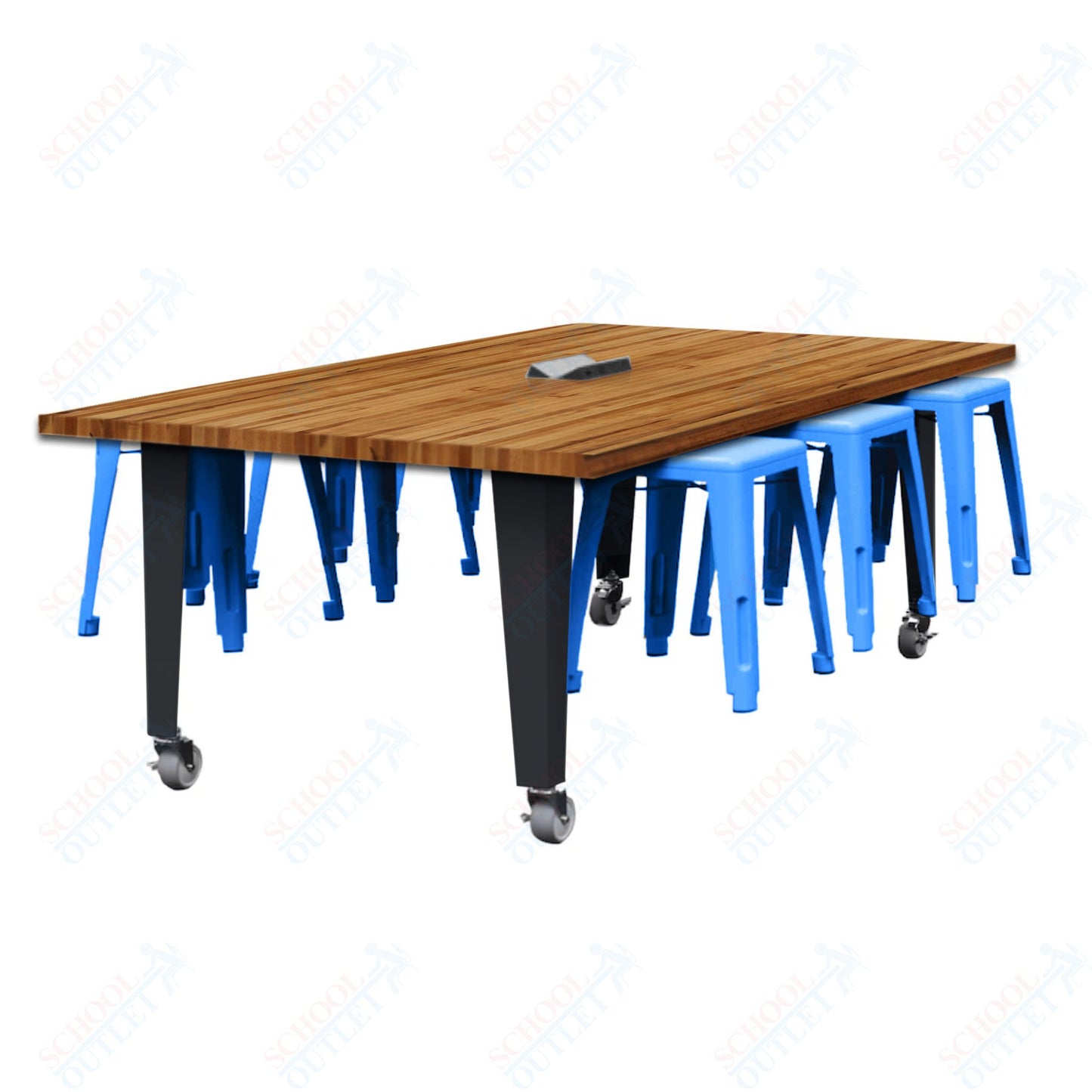 CEF IDEA Island Table 30" Height w/ 6-Seat - Butcher Block Top 84"W x 48"D with Steel Frame, 6 Stools and a Pop-up Dual Dock Electrical Station