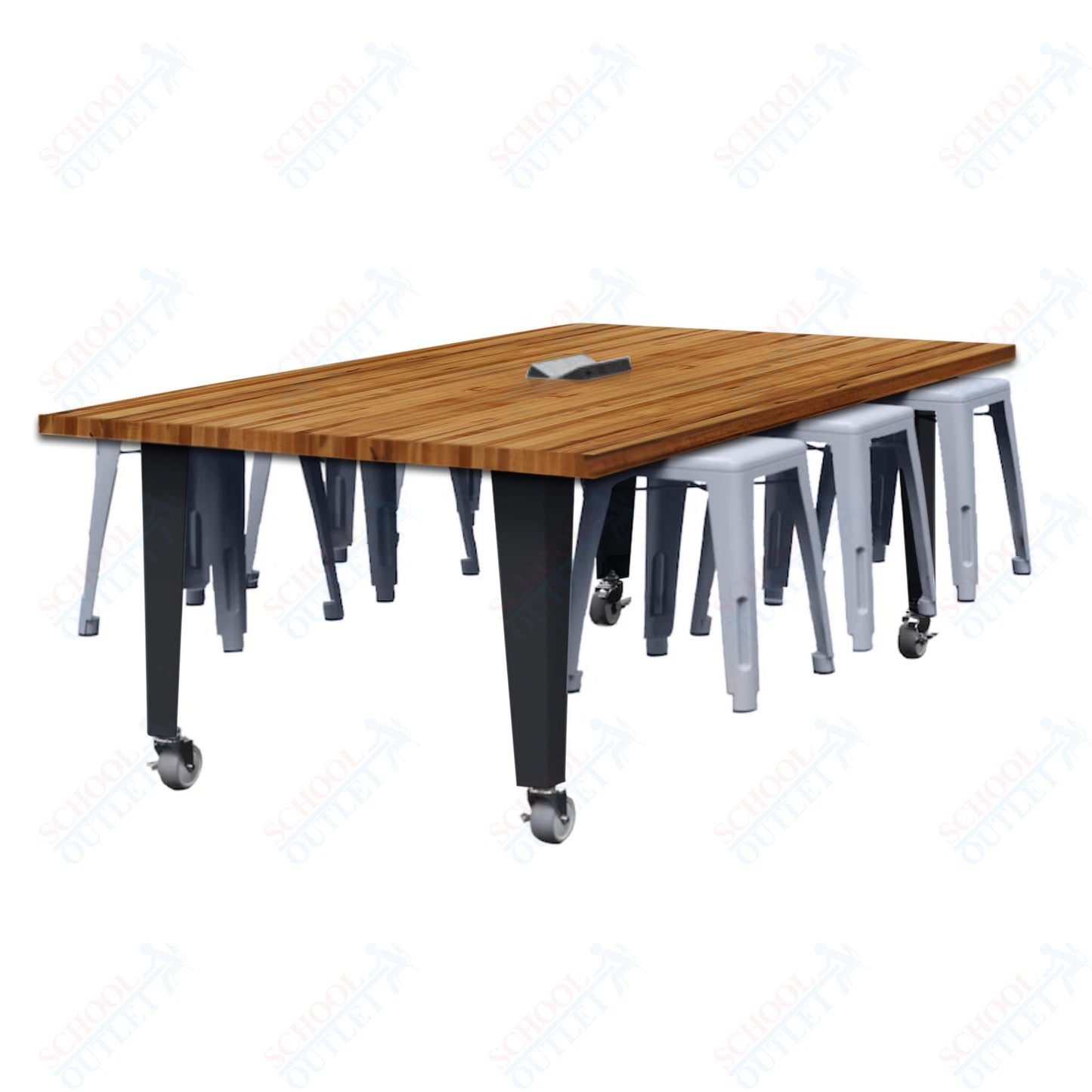 CEF IDEA Island Table 30" Height w/ 6-Seat - Butcher Block Top 84"W x 48"D with Steel Frame, 6 Stools and a Pop-up Dual Dock Electrical Station