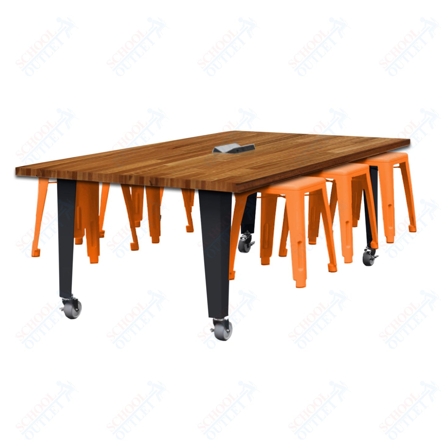 CEF IDEA Island Table 30" Height w/ 6-Seat - Butcher Block Top 84"W x 48"D with Steel Frame, 6 Stools and a Pop-up Dual Dock Electrical Station