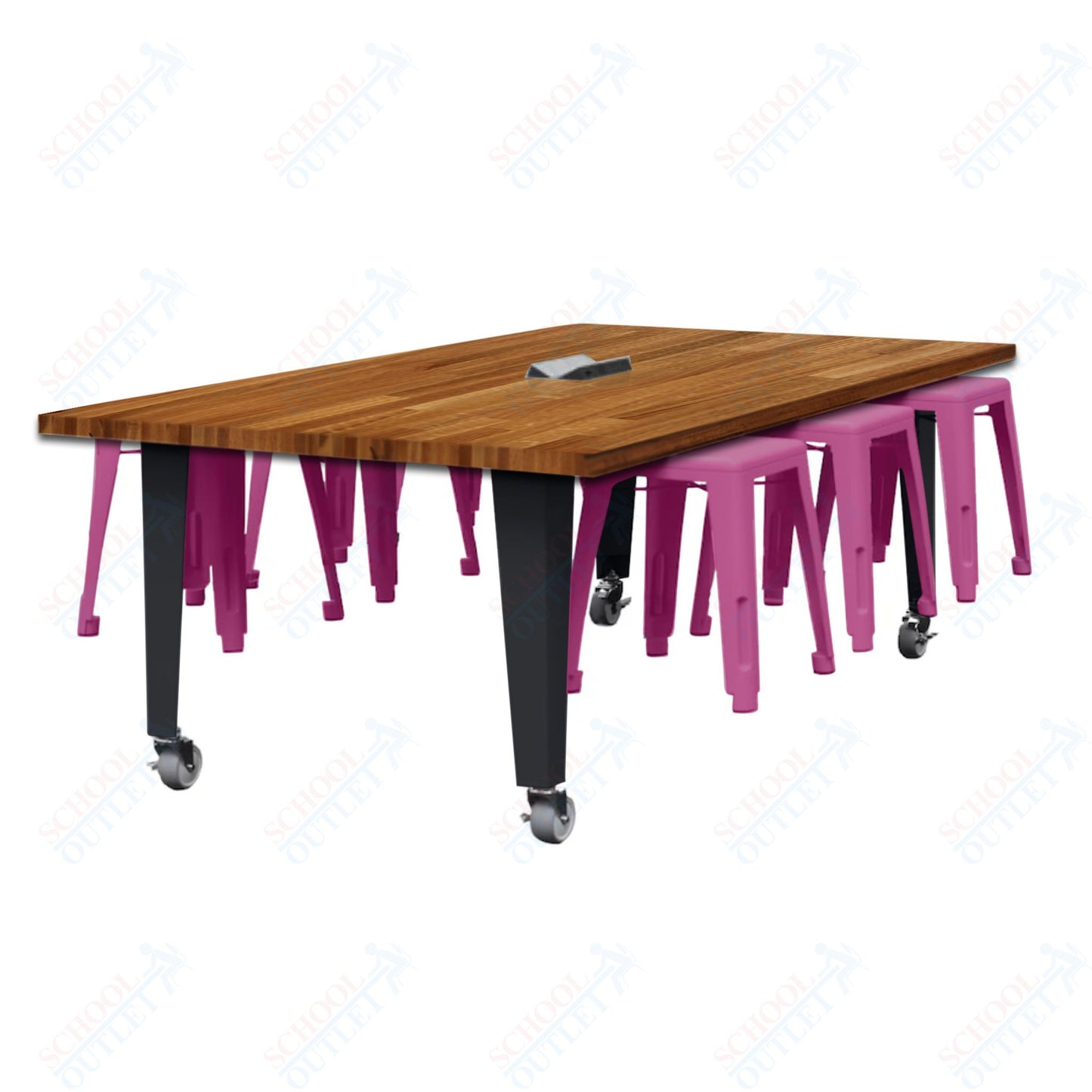 CEF IDEA Island Table 30" Height w/ 6-Seat - Butcher Block Top 84"W x 48"D with Steel Frame, 6 Stools and a Pop-up Dual Dock Electrical Station