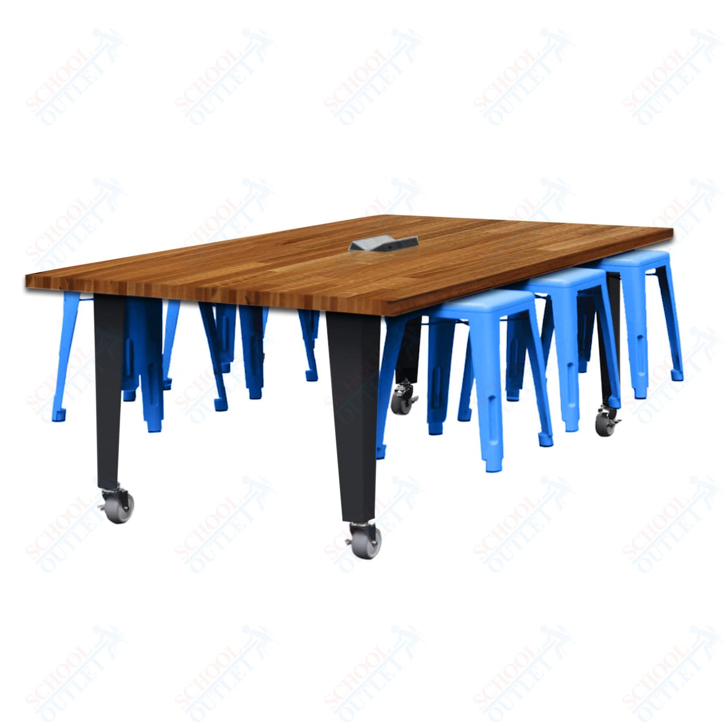 CEF IDEA Island Table 30" Height w/ 6-Seat - Butcher Block Top 84"W x 48"D with Steel Frame, 6 Stools and a Pop-up Dual Dock Electrical Station