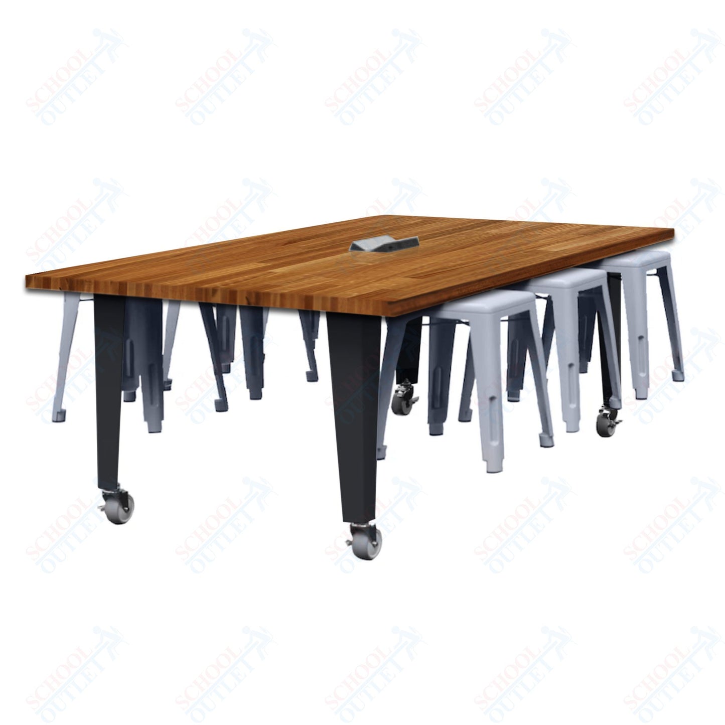 CEF IDEA Island Table 30" Height w/ 6-Seat - Butcher Block Top 84"W x 48"D with Steel Frame, 6 Stools and a Pop-up Dual Dock Electrical Station