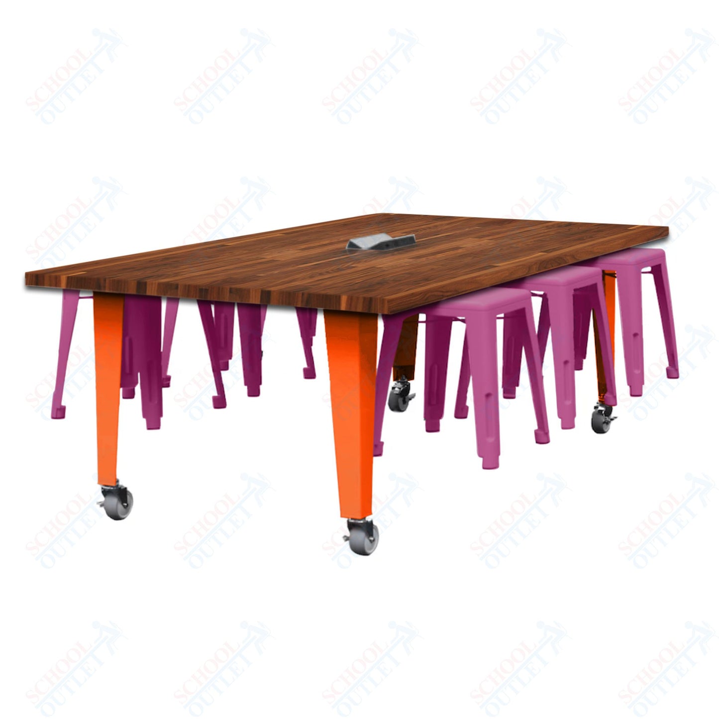 CEF IDEA Island Table 30" Height w/ 6-Seat - Butcher Block Top 84"W x 48"D with Steel Frame, 6 Stools and a Pop-up Dual Dock Electrical Station