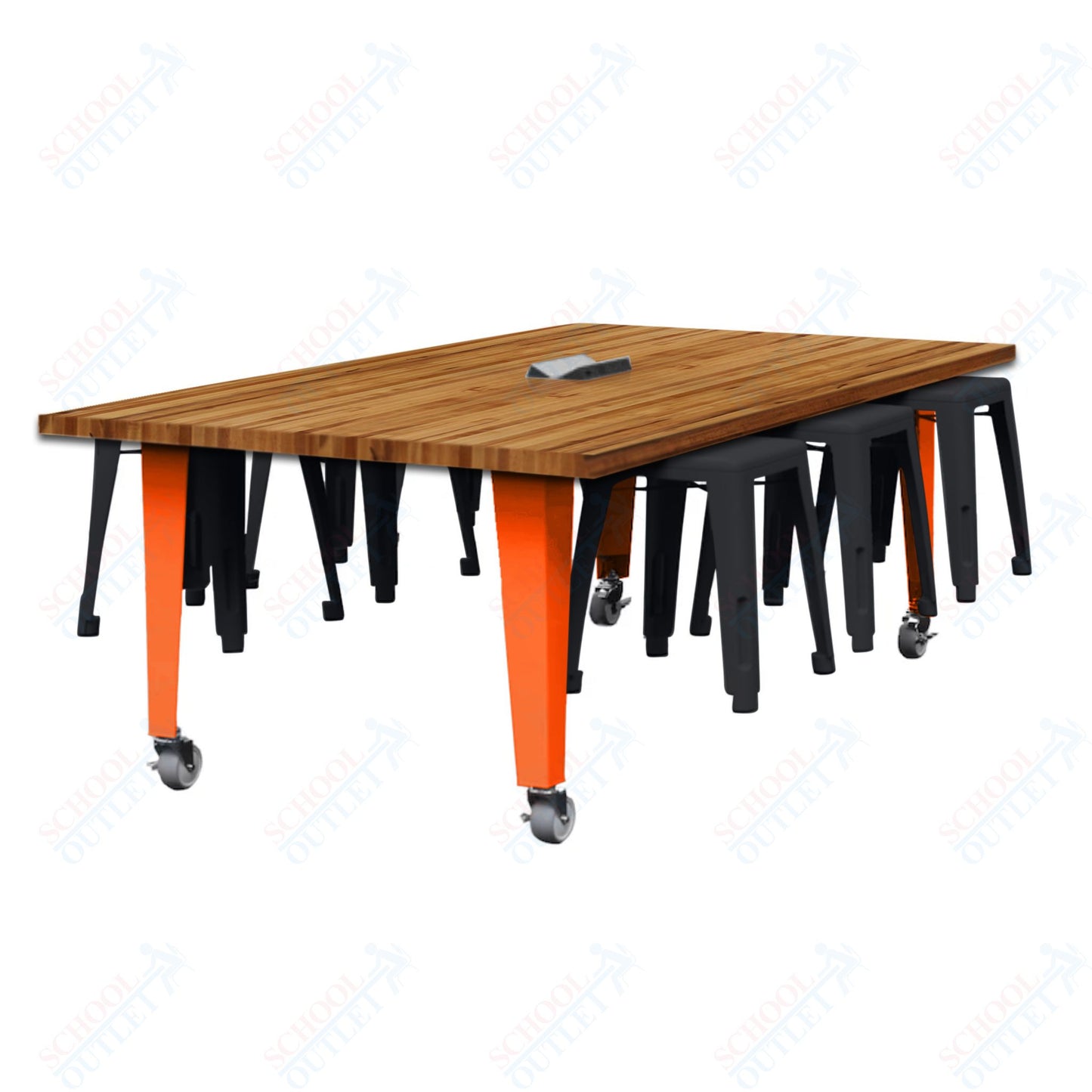 CEF IDEA Island Table 30" Height w/ 6-Seat - Butcher Block Top 84"W x 48"D with Steel Frame, 6 Stools and a Pop-up Dual Dock Electrical Station