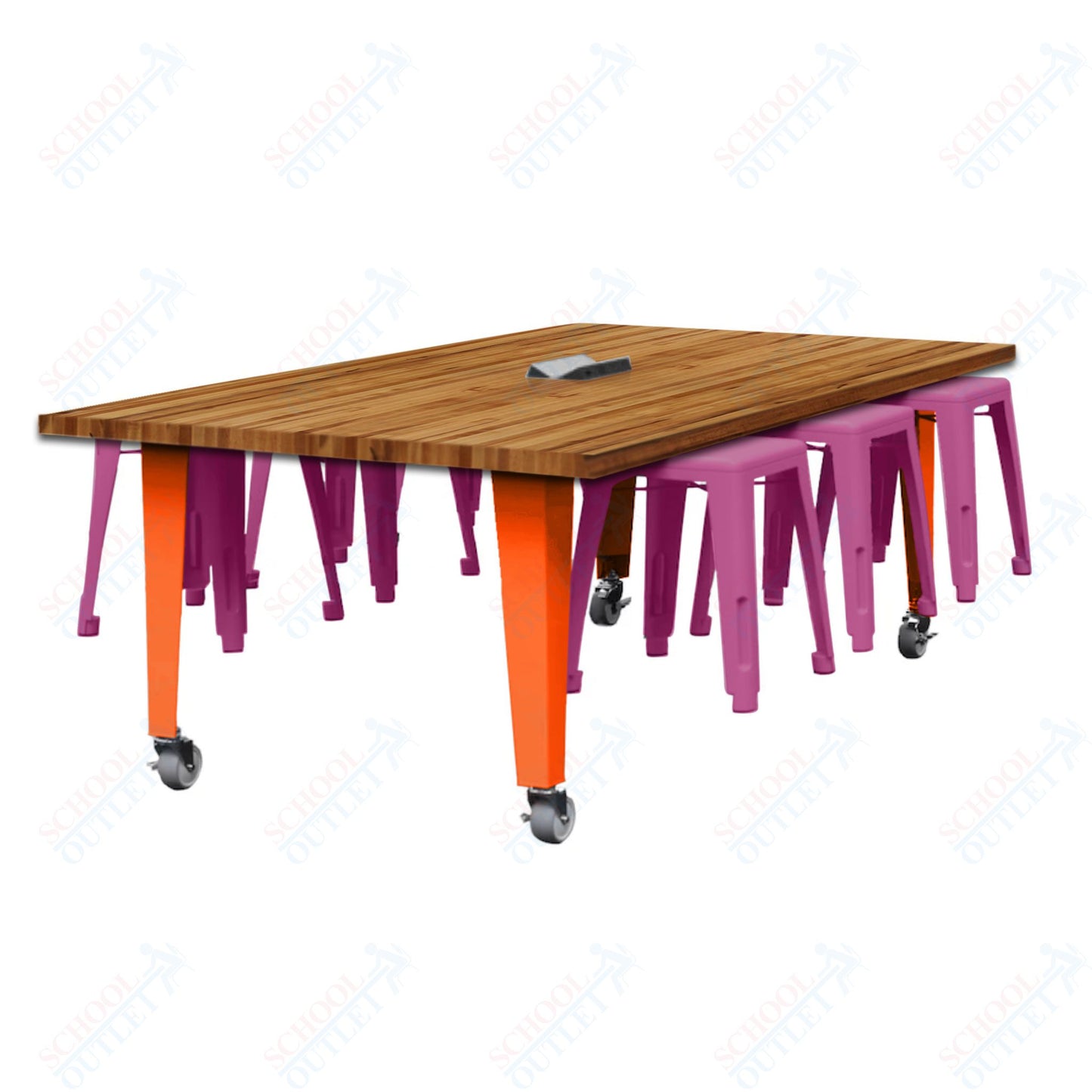 CEF IDEA Island Table 30" Height w/ 6-Seat - Butcher Block Top 84"W x 48"D with Steel Frame, 6 Stools and a Pop-up Dual Dock Electrical Station