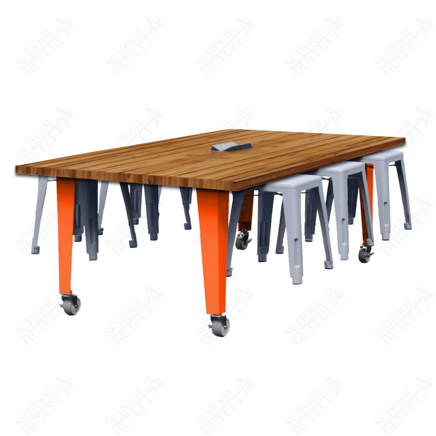 CEF IDEA Island Table 30" Height w/ 6-Seat - Butcher Block Top 84"W x 48"D with Steel Frame, 6 Stools and a Pop-up Dual Dock Electrical Station