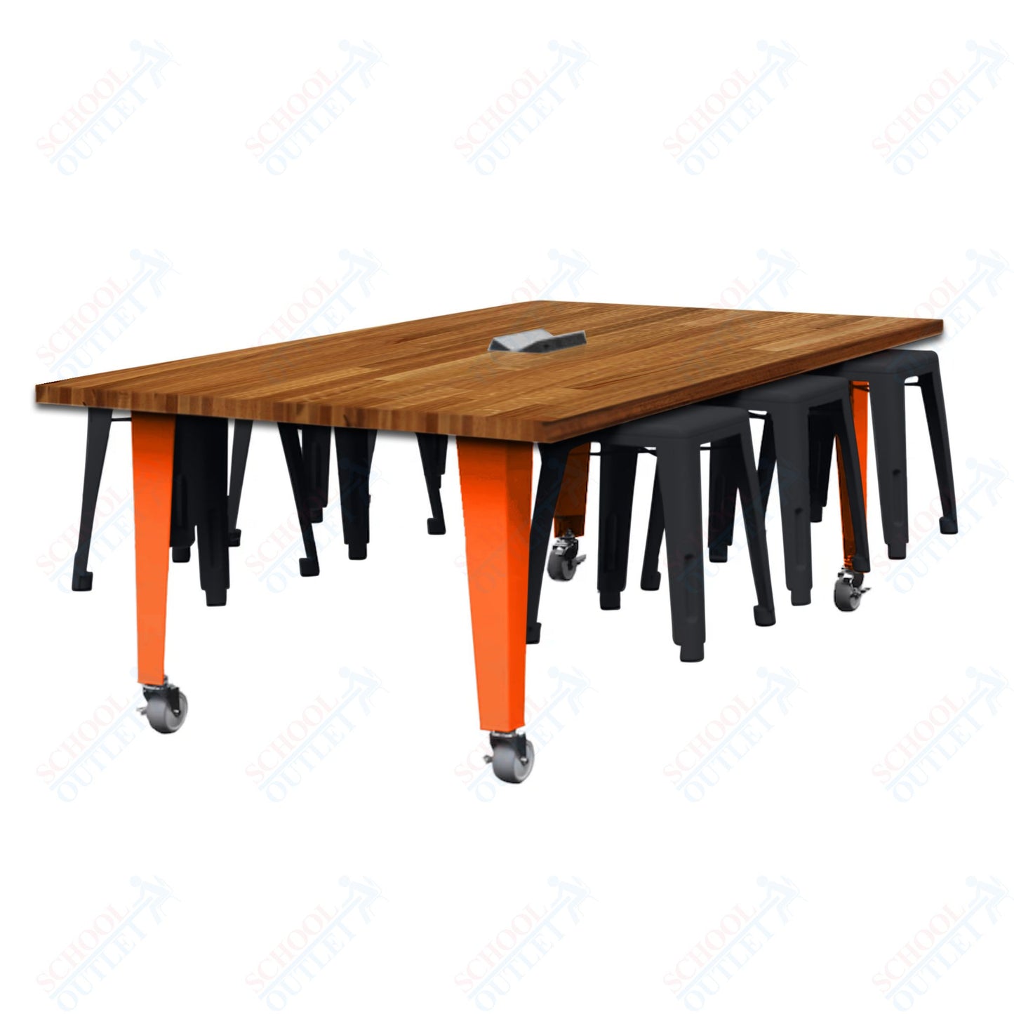 CEF IDEA Island Table 30" Height w/ 6-Seat - Butcher Block Top 84"W x 48"D with Steel Frame, 6 Stools and a Pop-up Dual Dock Electrical Station