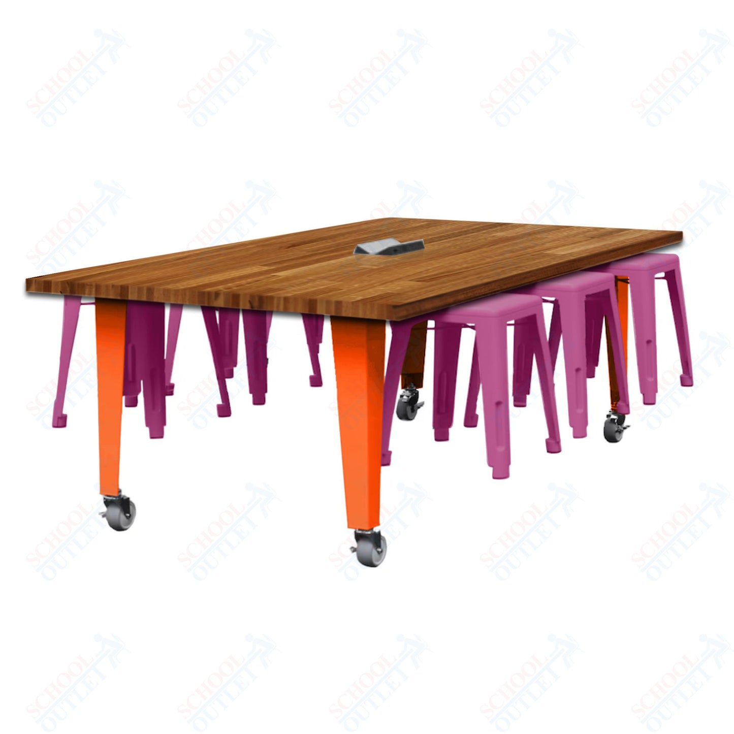 CEF IDEA Island Table 30" Height w/ 6-Seat - Butcher Block Top 84"W x 48"D with Steel Frame, 6 Stools and a Pop-up Dual Dock Electrical Station