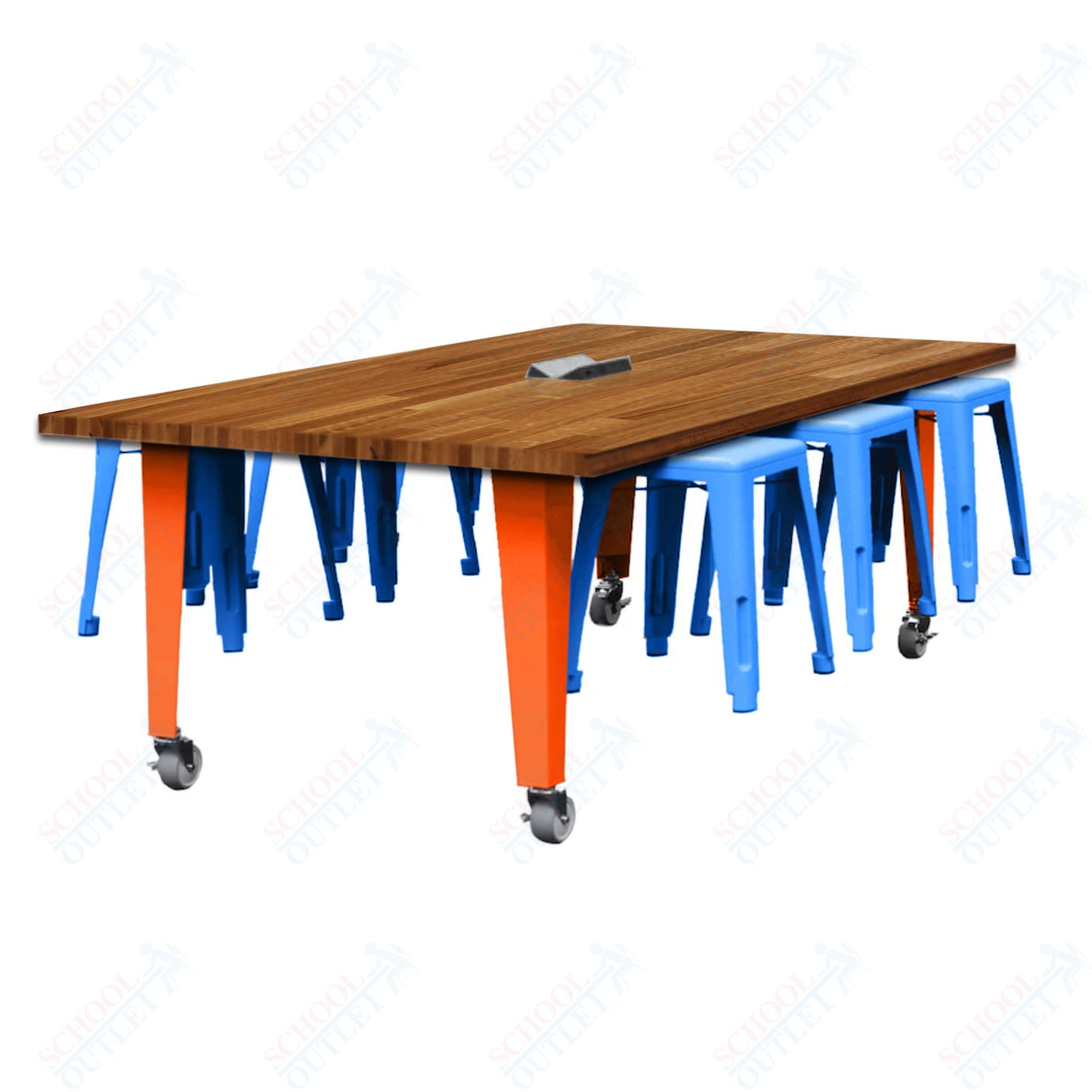 CEF IDEA Island Table 30" Height w/ 6-Seat - Butcher Block Top 84"W x 48"D with Steel Frame, 6 Stools and a Pop-up Dual Dock Electrical Station