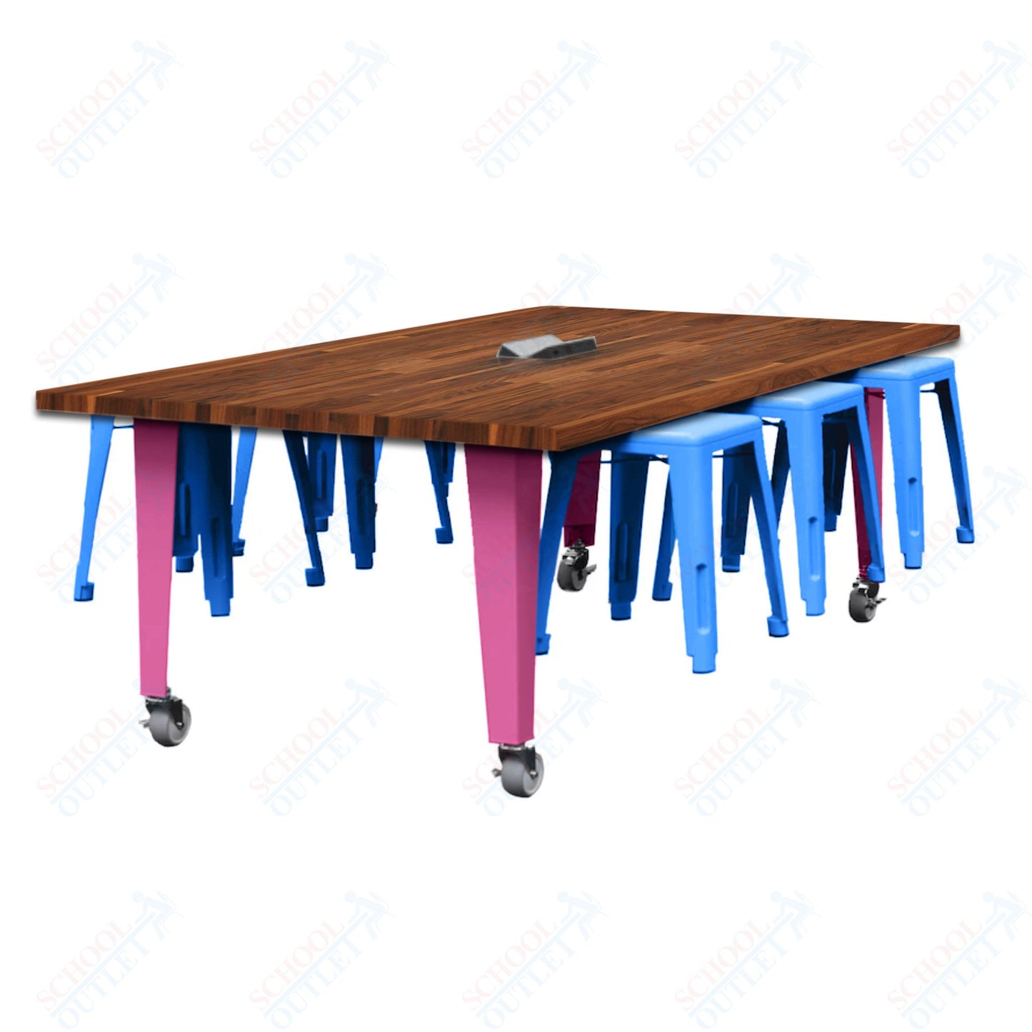 CEF IDEA Island Table 30" Height w/ 6-Seat - Butcher Block Top 84"W x 48"D with Steel Frame, 6 Stools and a Pop-up Dual Dock Electrical Station